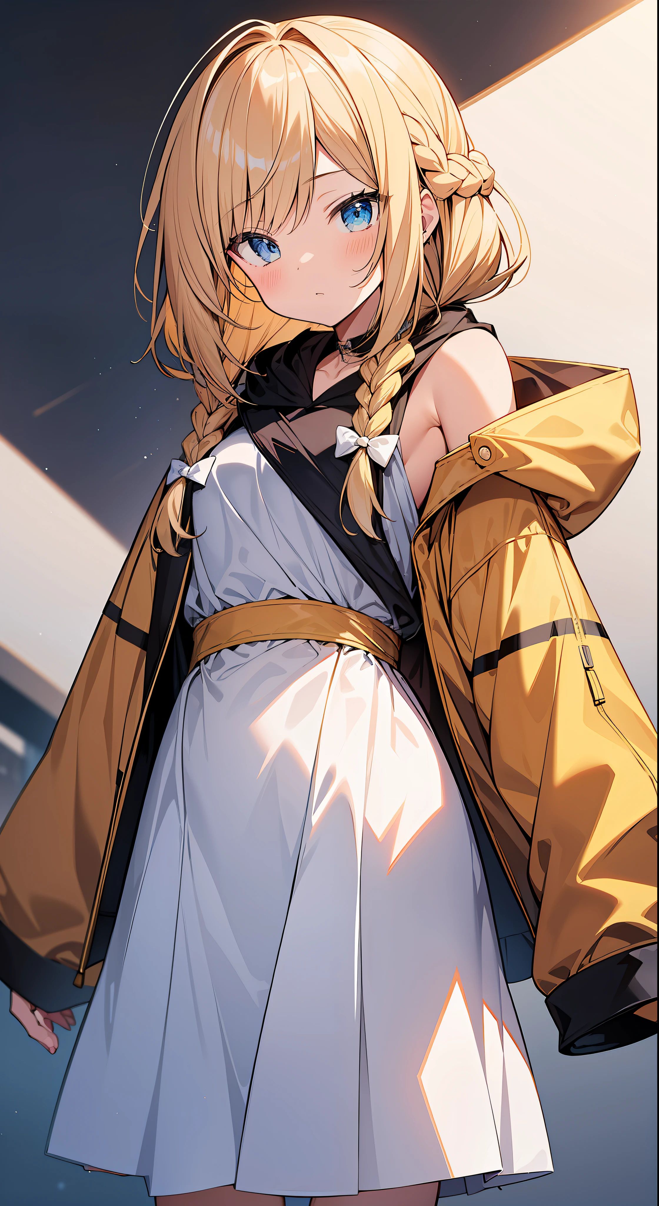 Top Quality, Masterpiece, High Resolution, 8k, Hoodie and Anime Style Girl, One Girl, Detailed Line Art, Bright White and Bright Amber Style, Digital Enhancement, Close Up, Anime Core, Flowing Fabric, Short Braids with shoulder-length hair, Beautiful hair