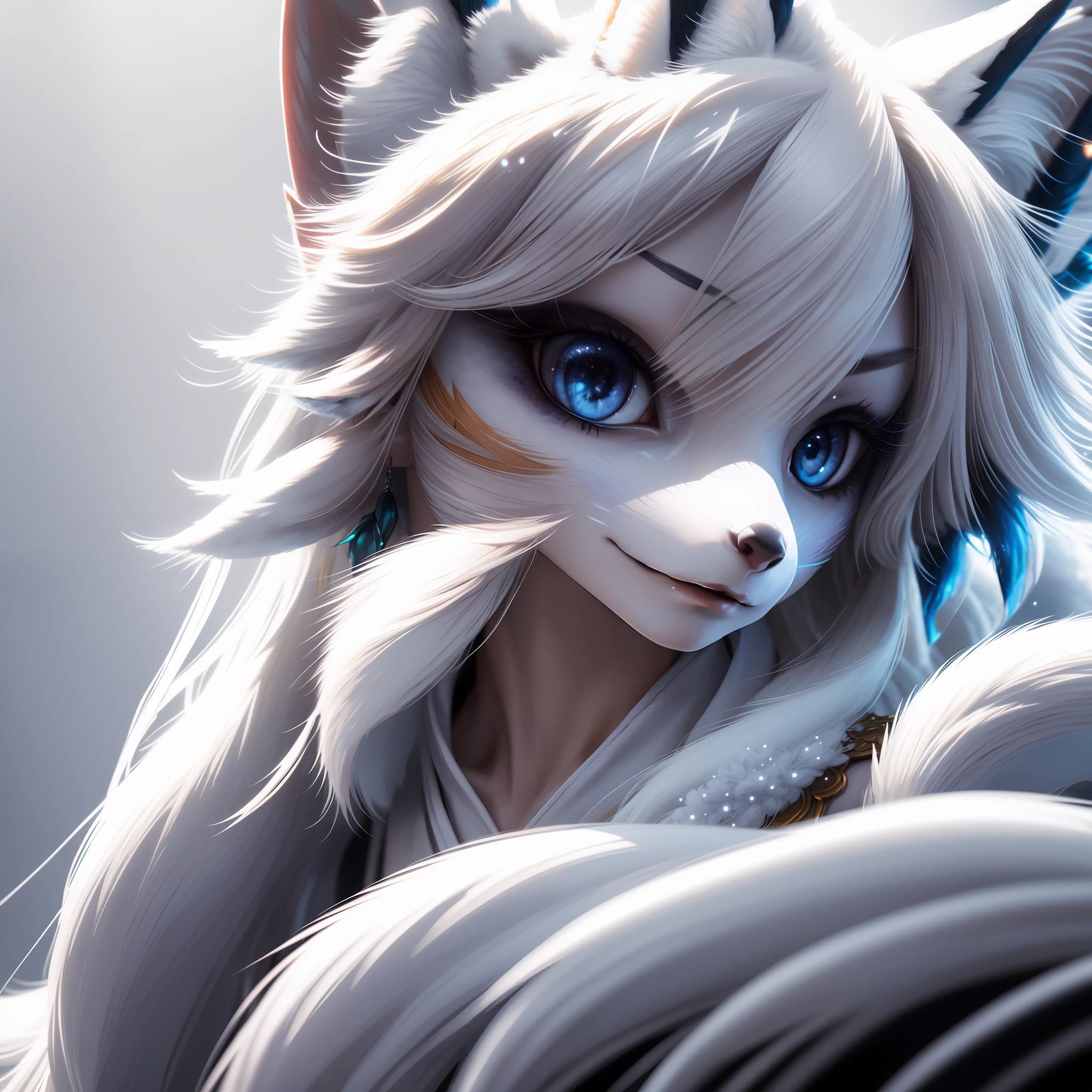 A beautiful woman goddess ((fox)), nine-tailed kitsune in bluish skin with white tones and ultra-realistic hair beautiful snow color, blonde hair, hollow eyes, hollow eyes, animal ears, food on the face, Surrealism, hyperrealism, jpeg artifacts, UHD, masterpiece, anatomically correct, curated, super detail, high detail, high quality, high detail, higher, 8k, Greg Rutkowski, , fantastic, Intricate detail, fantasy concept art, deviant art masterpiece, Cinematic.