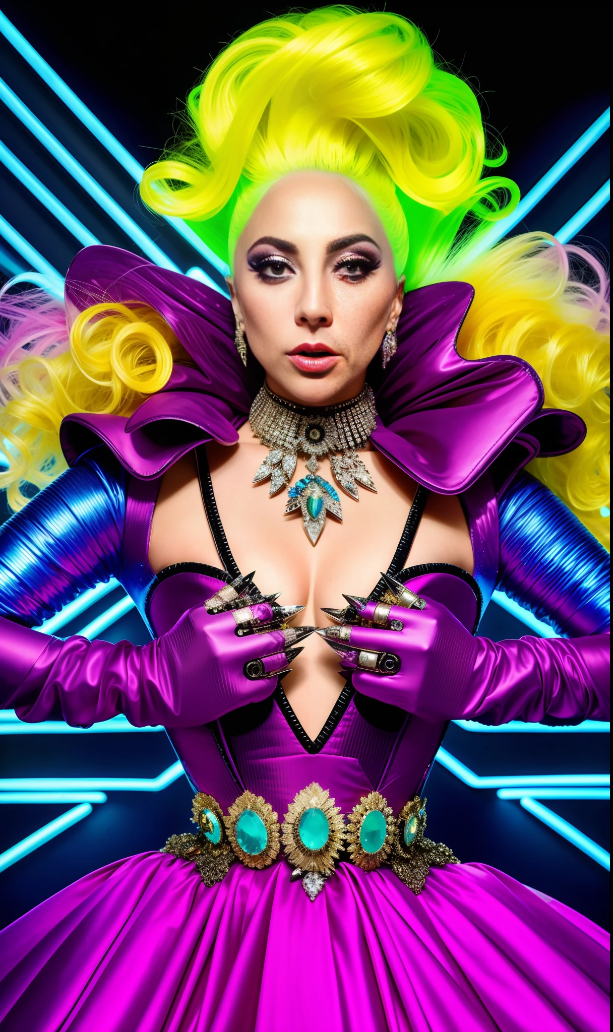 Lady gaga photo, 4K texture, robotic and extravagant dress and strange hairstyle, 8k image, haute couture, flashes, high image quality, neon dress, realistic face, various poses