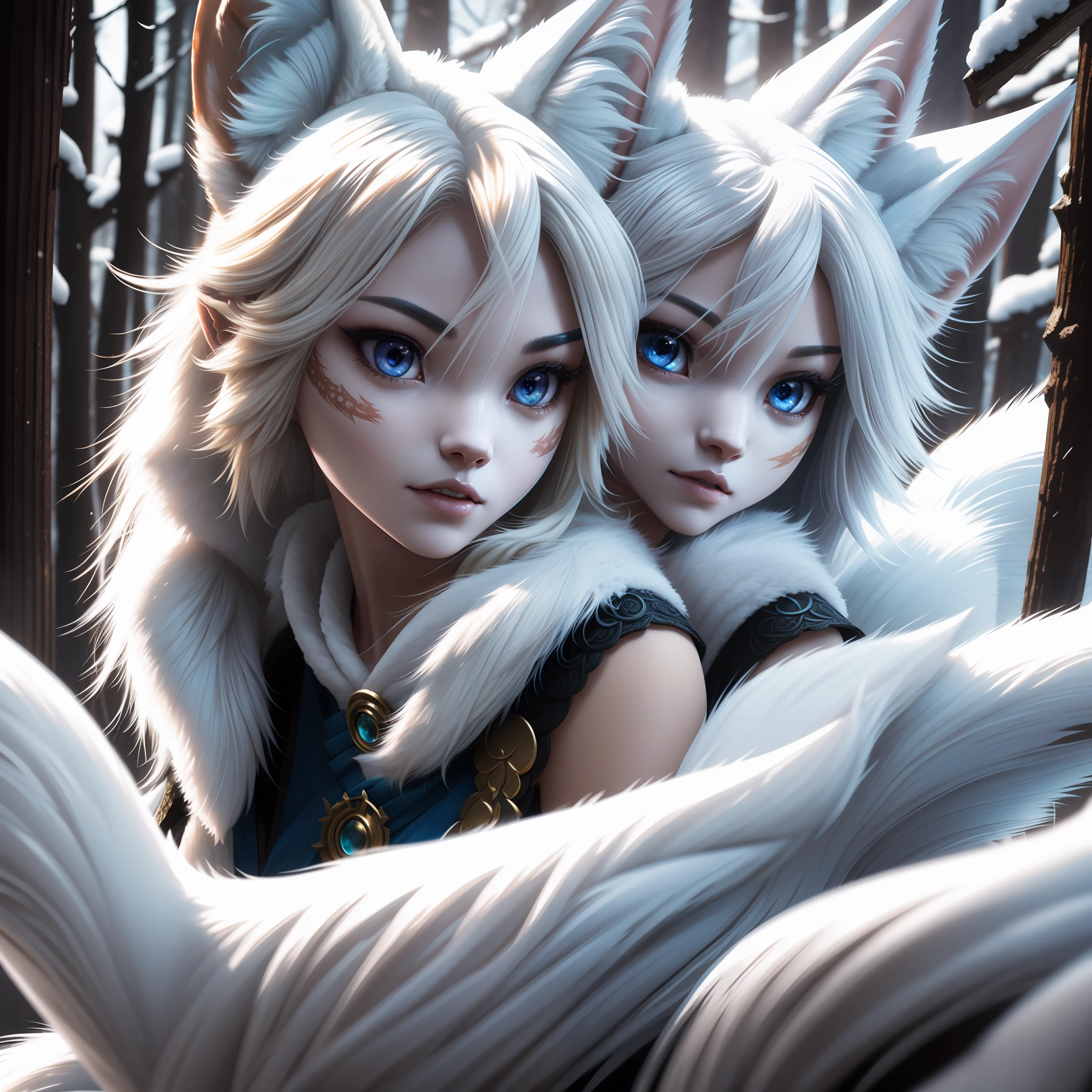 A beautiful woman goddess ((fox)), nine-tailed kitsune in bluish skin with white tones and ultra-realistic hair beautiful snow color, blonde hair, hollow eyes, hollow eyes, animal ears, food on the face, Surrealism, hyperrealism, jpeg artifacts, UHD, masterpiece, anatomically correct, curated, super detail, high detail, high quality, high detail, higher, 8k, Greg Rutkowski, , fantastic, Intricate detail, fantasy concept art, deviant art masterpiece, Cinematic.