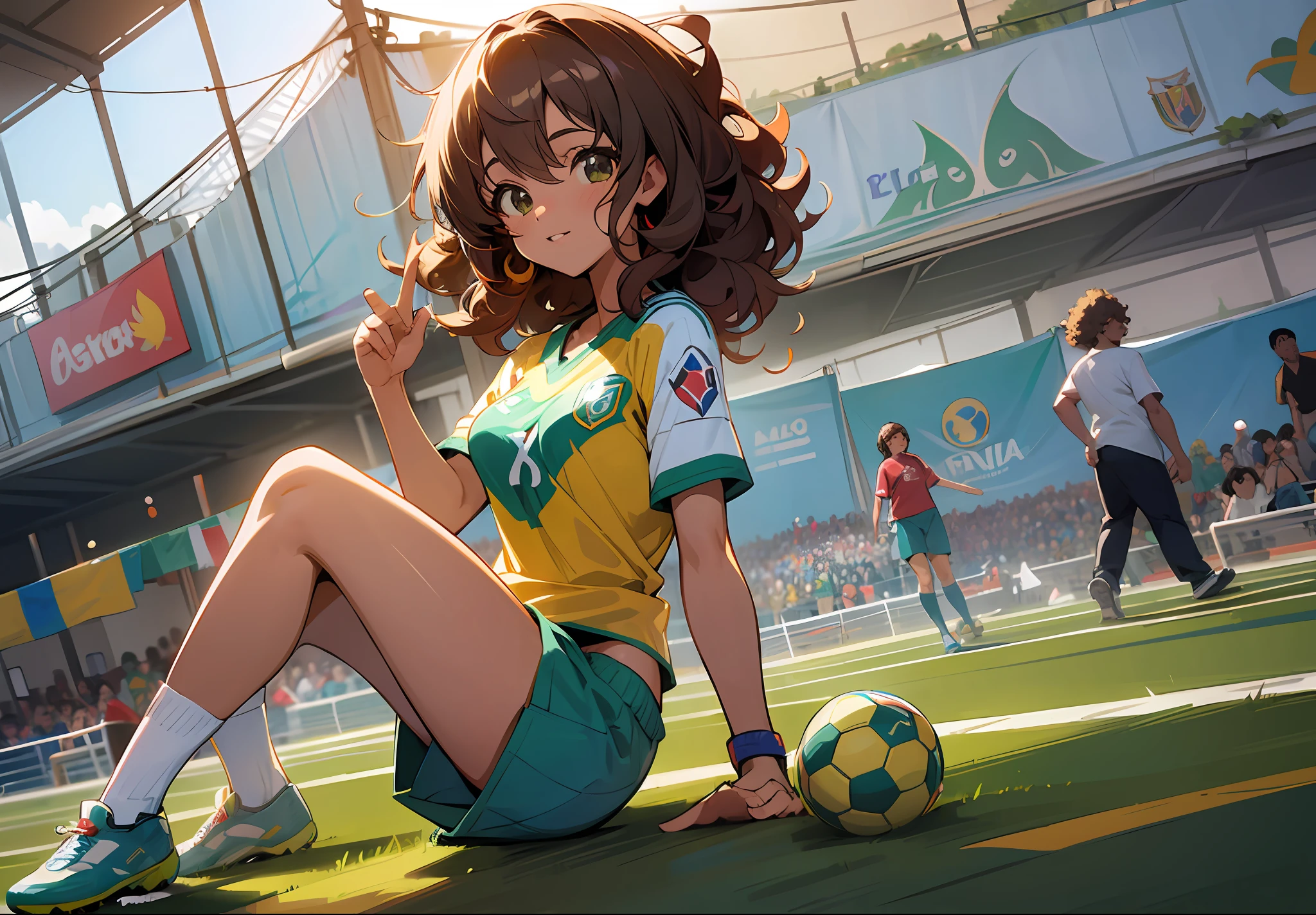 1girl, anime girl, beautiful face, latin american beauty, curly hair, tanned skin, ribbon marquee, cheerful watching a soccer match, favela, wearing a shirt of the brazilian soccer team, movie scene, cinematic environment, based in rio de janeiro, closeup full body-