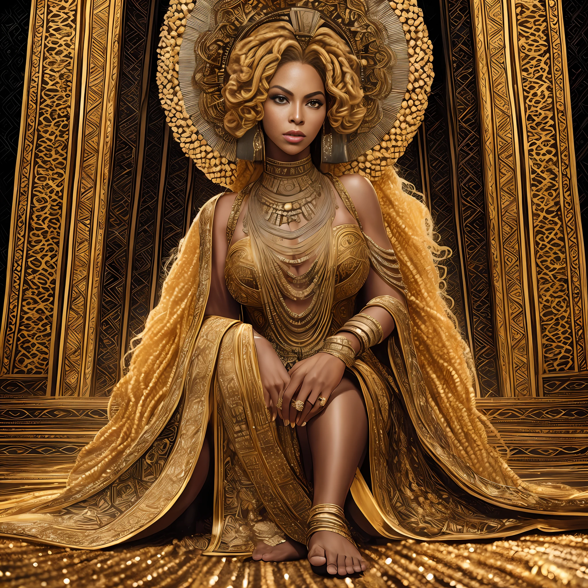 Beyoncé, artist, black, curls, African queen, a lion at your feet, super detailed, intricate details, beautiful, 8k, cinematic lighting --auto --s2