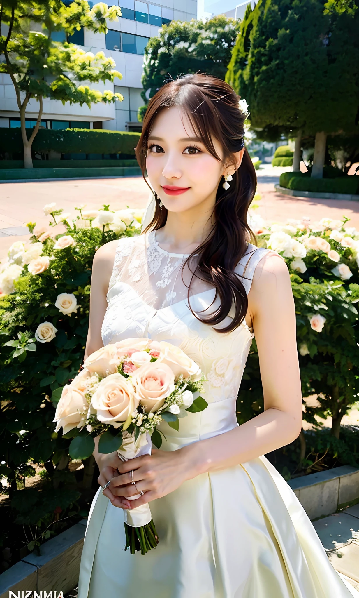 In front of the ceremony, a la fed woman in a wedding dress with a bouquet of roses, lovely woman holding flowers, Sakimi-chan, Yoshitomo Nara, photos taken with Nikon D750, photos taken with Nikon D7 5 0, cute elegant pose, taken with Canon EOS 5D Mark IV, beautiful asian girl, Ayami on Kojima