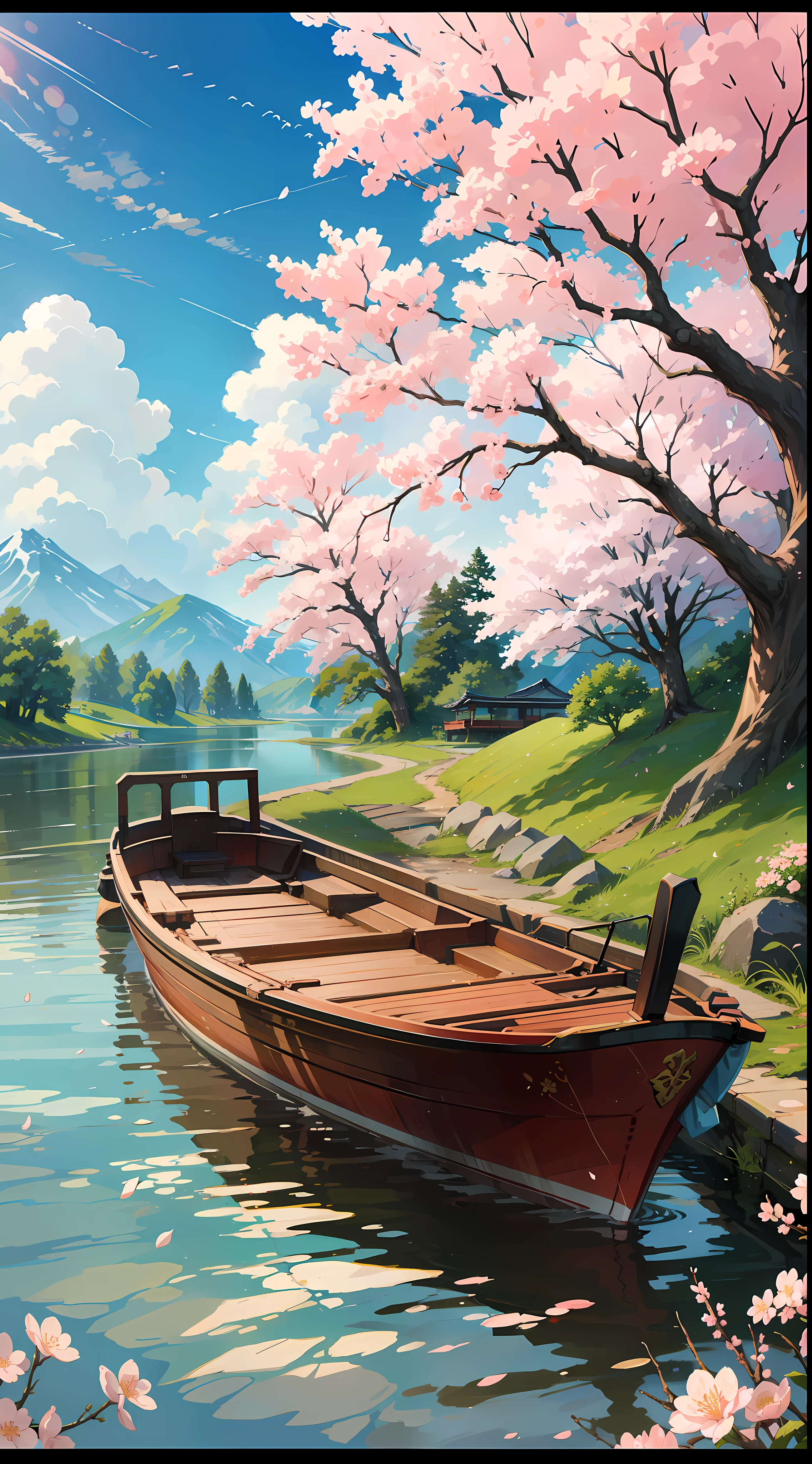 A spring landscape inspired by Japanese art, with a flowering field filled with cherry blossoms. The sun shines in the clear blue sky, illuminating the landscape with a soft light. On the bank of the river, there is a small red boat anchored, swaying gently in the water. In the background, a majestic mountain rises above the landscape.