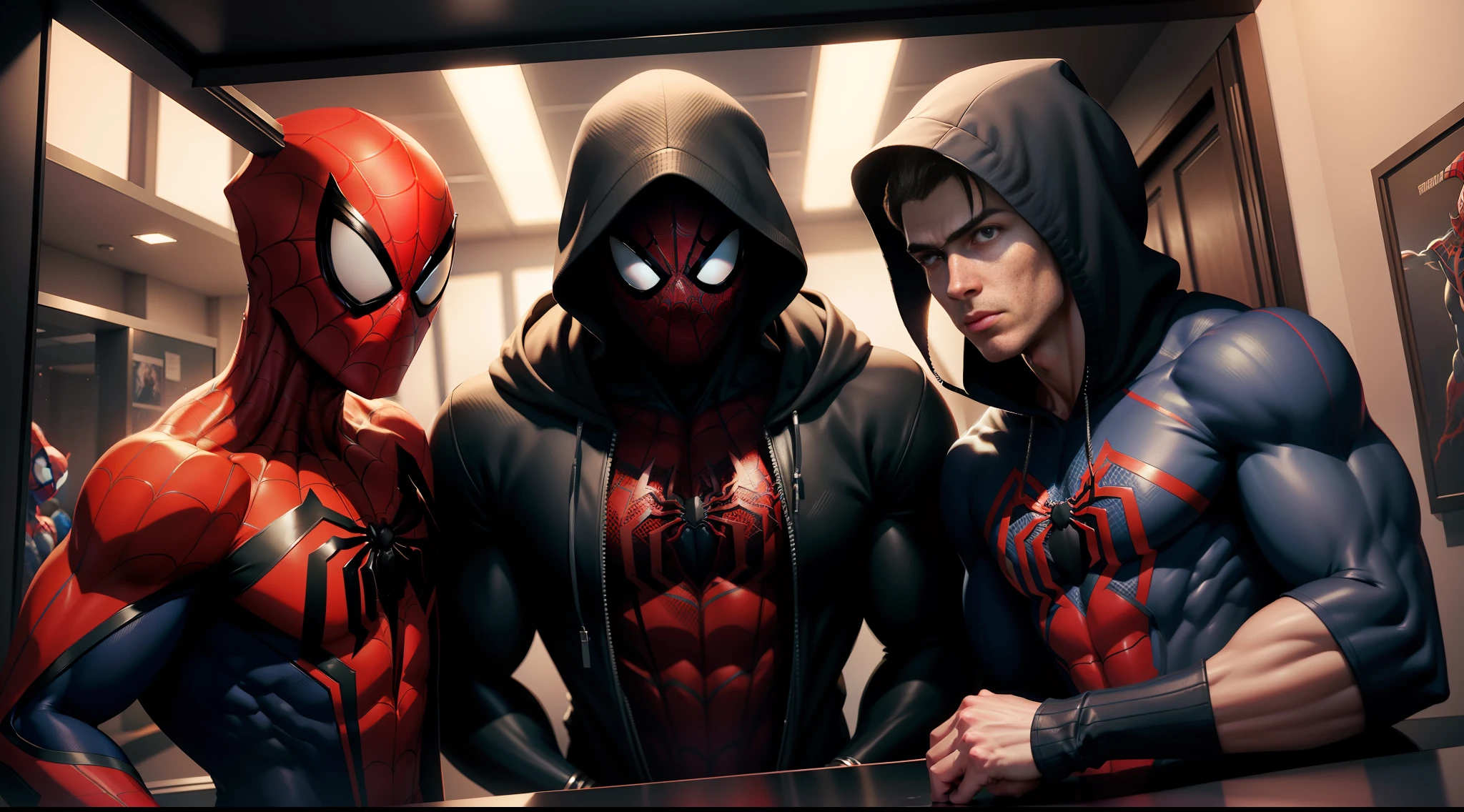 spider man bodybuilder - spider - man and spider - man in a dark room, spider - verse art style, into the spiderverse, spiderverse, into the spider verse, futuristic style spiderman, miles morales!!!, 3840 x 2160, 3840x2160, miles morales, hq 4k wallpaper, rendered in sfm, super detailed render