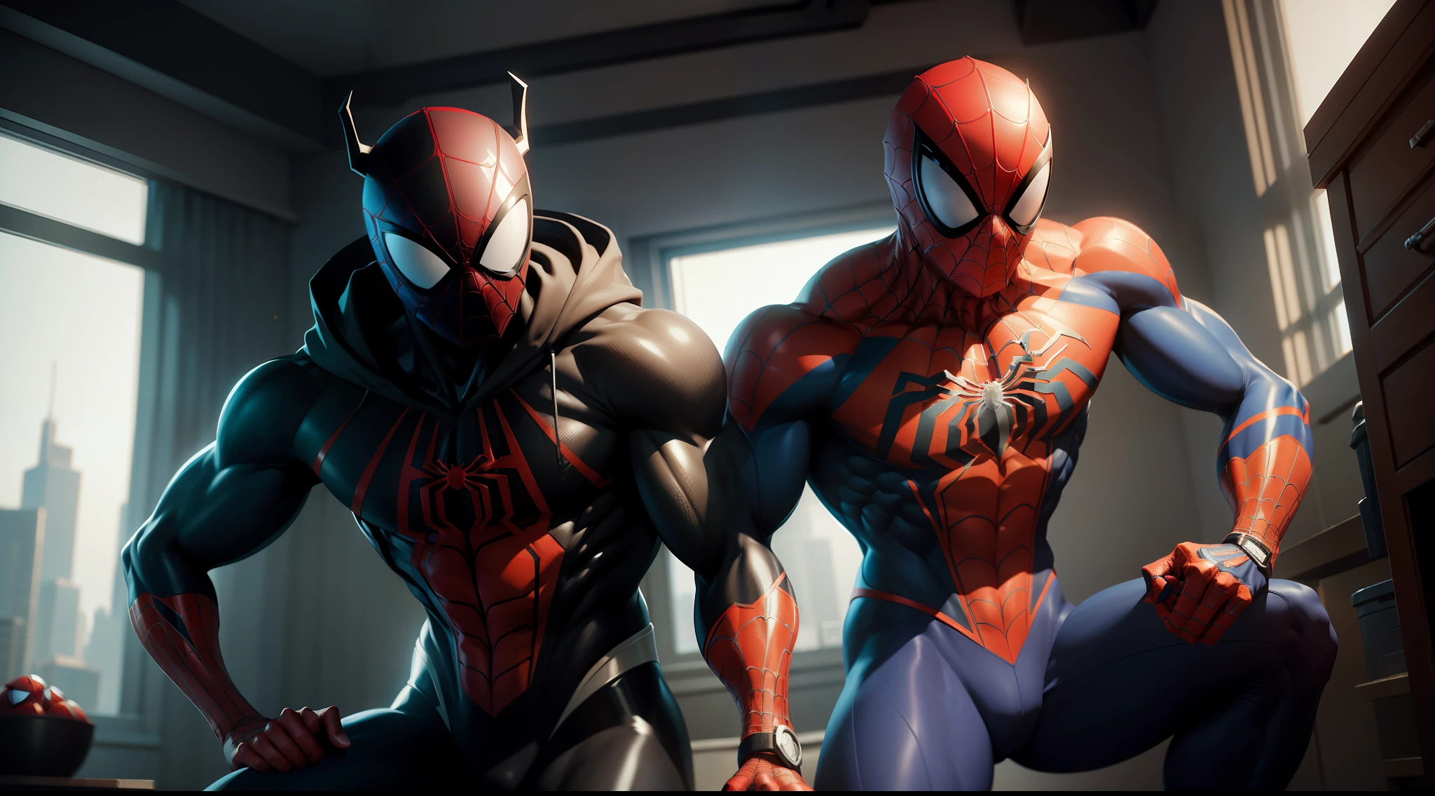 spider man bodybuilder - spider - man and spider - man in a dark room, spider - verse art style, into the spiderverse, spiderverse, into the spider verse, futuristic style spiderman, miles morales!!!, 3840 x 2160, 3840x2160, miles morales, hq 4k wallpaper, rendered in sfm, super detailed render