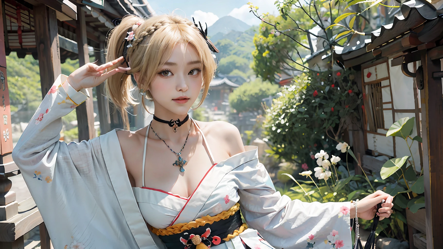 masterpiece, best quality, high resolution, 1girl, blonde hair, medium hair, asymmetrical hair, floating hair, hair between eyes, high ponytail, side braids, hair ornament, fish hair ornament, tassel, kanzashi, bangs, orange eyes, open mouth, smile, teeth, upper teeth only, choker, red choker, pendant choker, erfly choker, collarbone, collarbone, tattoo, chest tattoo, flower tattoo, neckline, medium breaighs, bandages, bandaged leg, sarashi, sarashi budget, sarashi chest, black belt, hadanugi dousa, houkisei, japanese clothes, kimono, kinchaku, obi, obiage, obijime, black kimono, handbag, printed kimono, rope, sash, shimenawa, short kimono, single naked shoulast asian architecture, cherry blossoms, full body, arms behind head, dutch angle, camera underneath, Bottom view