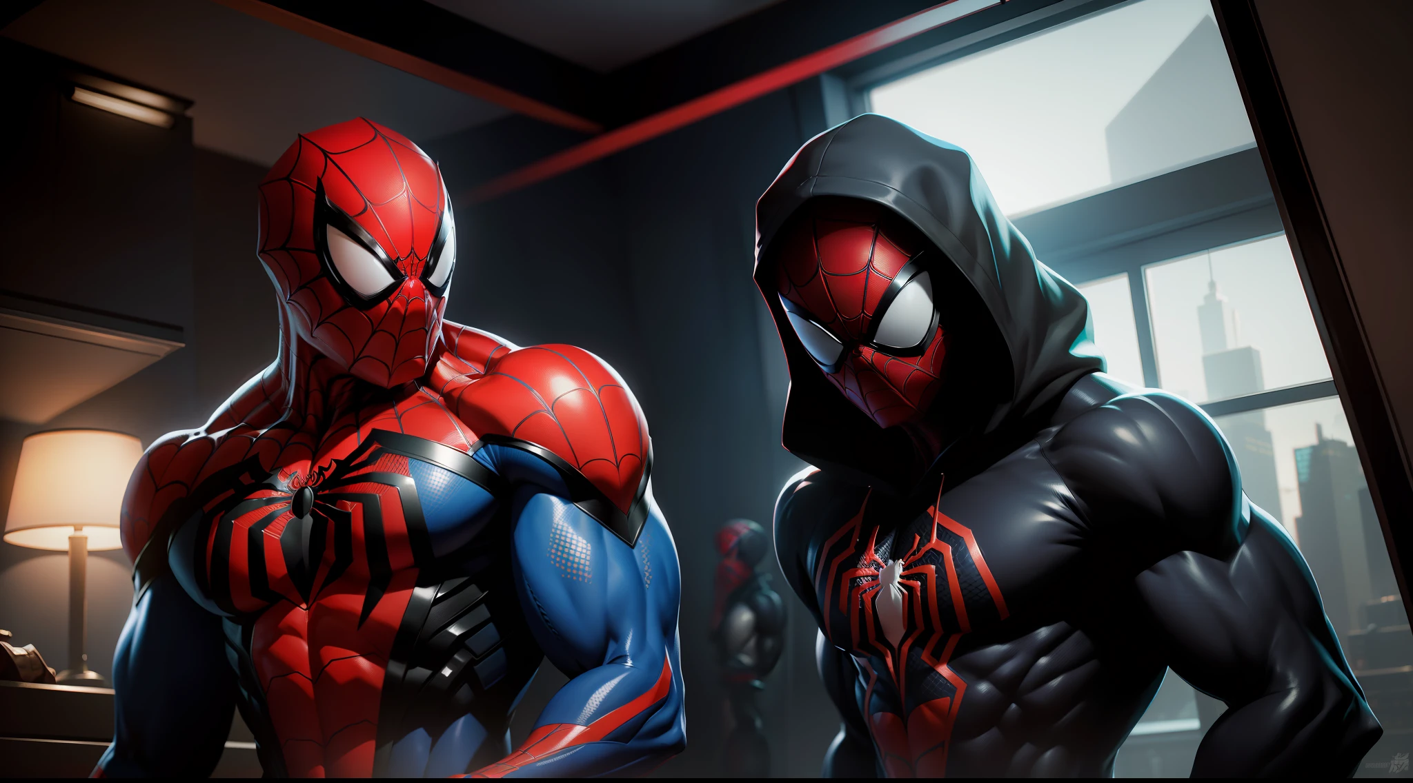 spider man bodybuilder - spider - man and spider - man in a dark room, spider - verse art style, into the spiderverse, spiderverse, into the spider verse, futuristic style spiderman, miles morales!!!, 3840 x 2160, 3840x2160, miles morales, hq 4k wallpaper, rendered in sfm, super detailed render