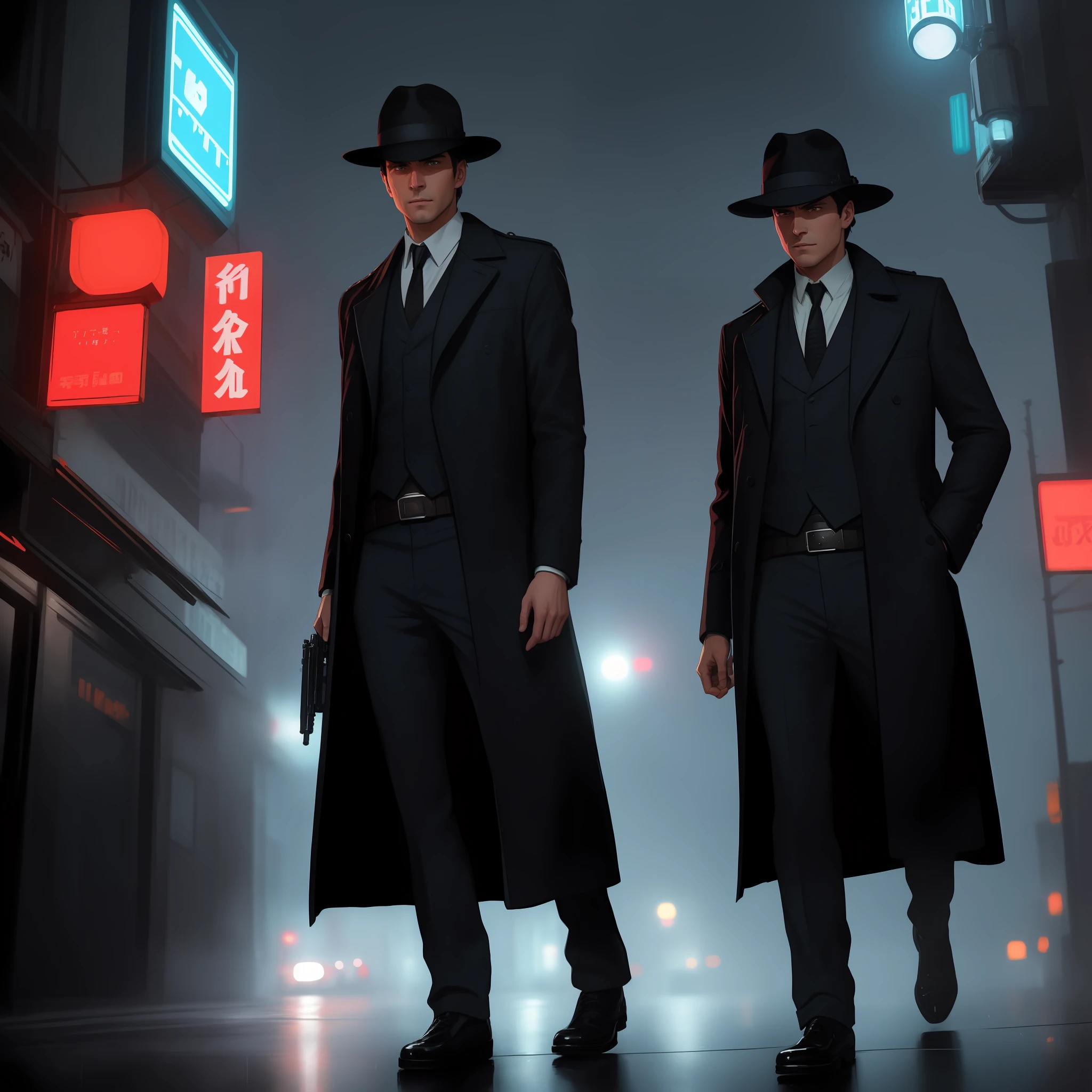 a poster for a noir detective movie called 'Gloomy Detective'. The main character, Detective Jack Frost, is a tall, dark, and brooding figure with sharp features and piercing blue eyes. He wears a fedora, a long coat, and carries a gun in a holster at his side. In the background, a dark cityscape is visible, with rain pouring down and neon lights illuminating the streets. The poster should convey a sense of mystery, danger, and moodiness, capturing the essence of the film's dark, brooding atmosphere, modelshoot style, (extremely detailed CG unity 8k wallpaper), full shot body photo of the most beautiful artwork in the world, , professional majestic oil painting by Ed Blinkey, Atey Ghailan, Studio Ghibli, by Jeremy Mann, Greg Manchess, Antonio Moro, trending on ArtStation, trending on CGSociety, Intricate, High Detail, Sharp focus, dramatic, photorealistic painting art by midjourney and greg rutkowski