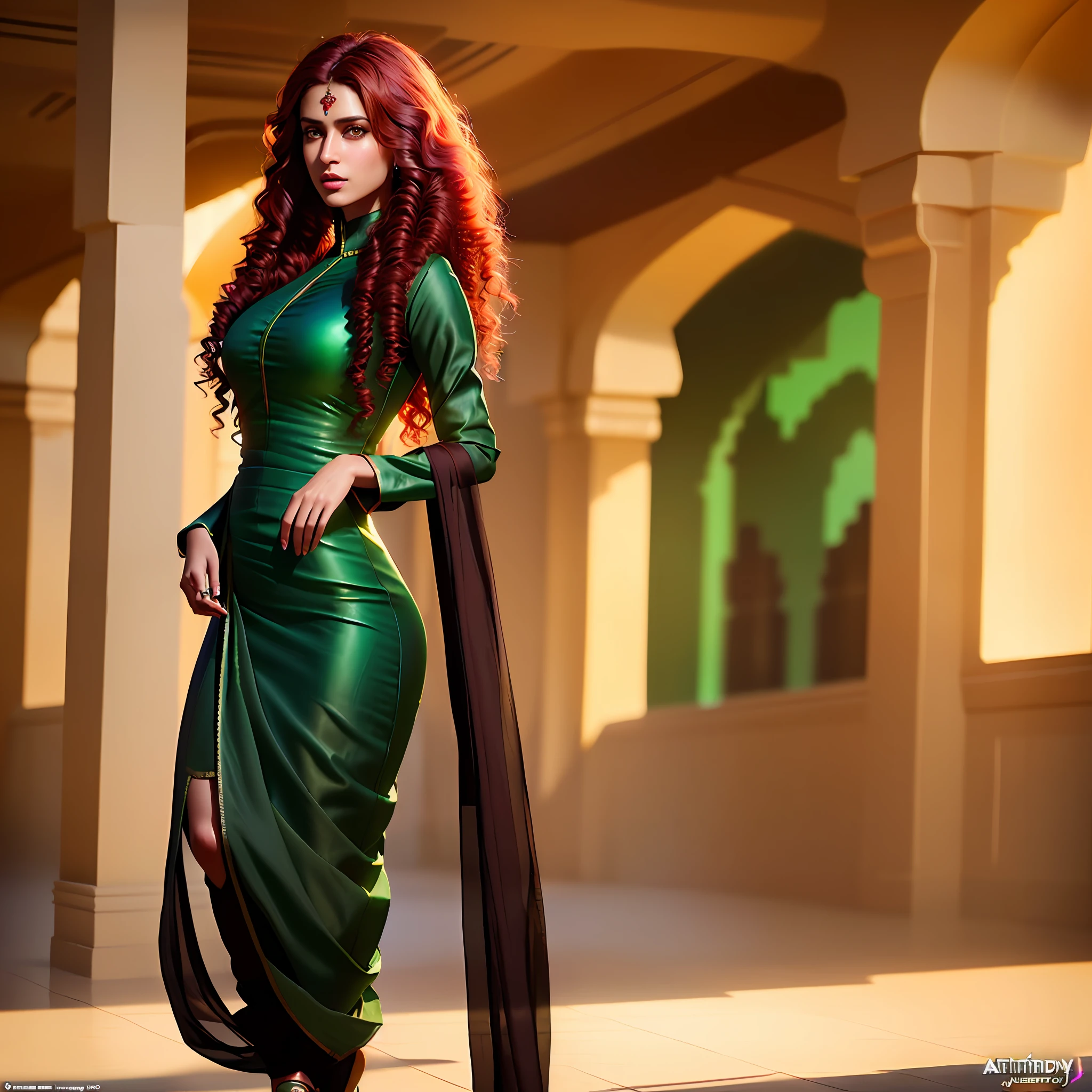 Highly detailed RAW color Photo, (((full body)), beautiful young girl, ((green eyes)), ((bollywood face)), ((long voluminous dark red curly hair)), (((black cyberpunk Salwar kameez))),(((dark chocolate skin))), (((wide hips))), (detailed skin), (detailed lips), (detailed eyes), raytracing, tone mapped, highly detailed, concept art, smooth, sharp focus, dramatic lighting, highly detailed artwork, cinematic, hyper realistic painting, trending on Artstation, 8K, incredible shadows, realistic, (highly detailed background:1.2), art by midjourney