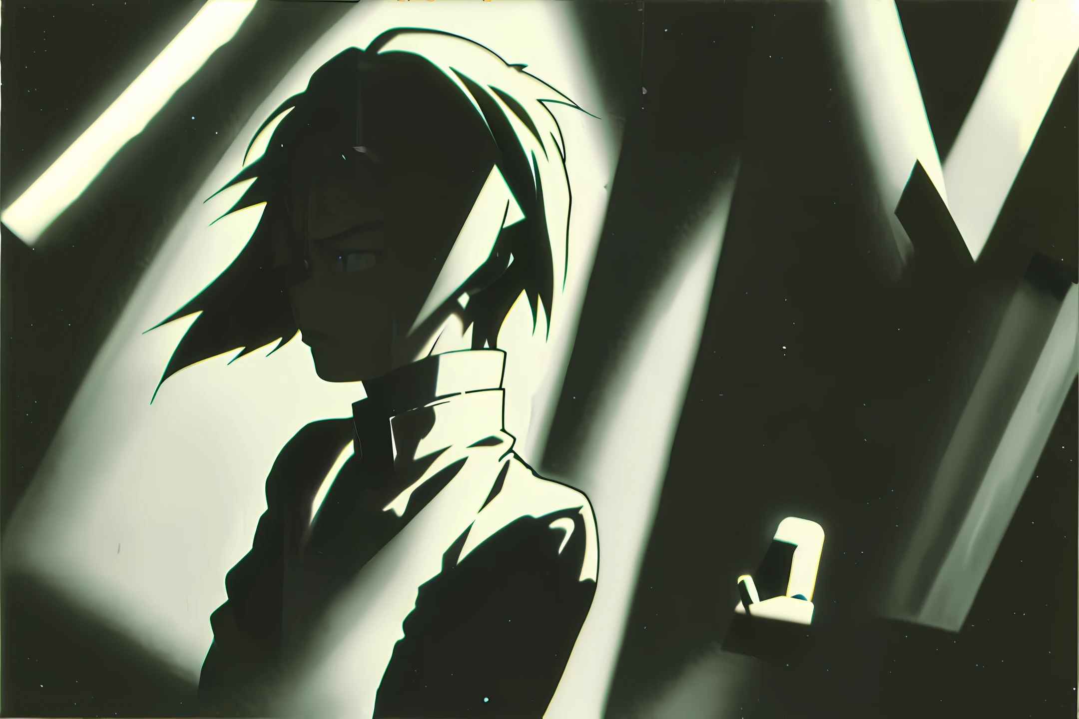 lofi anime sketch, a 16 year old boy scared to death of his darkroom, night, front view, soft lights, 4K, high quality