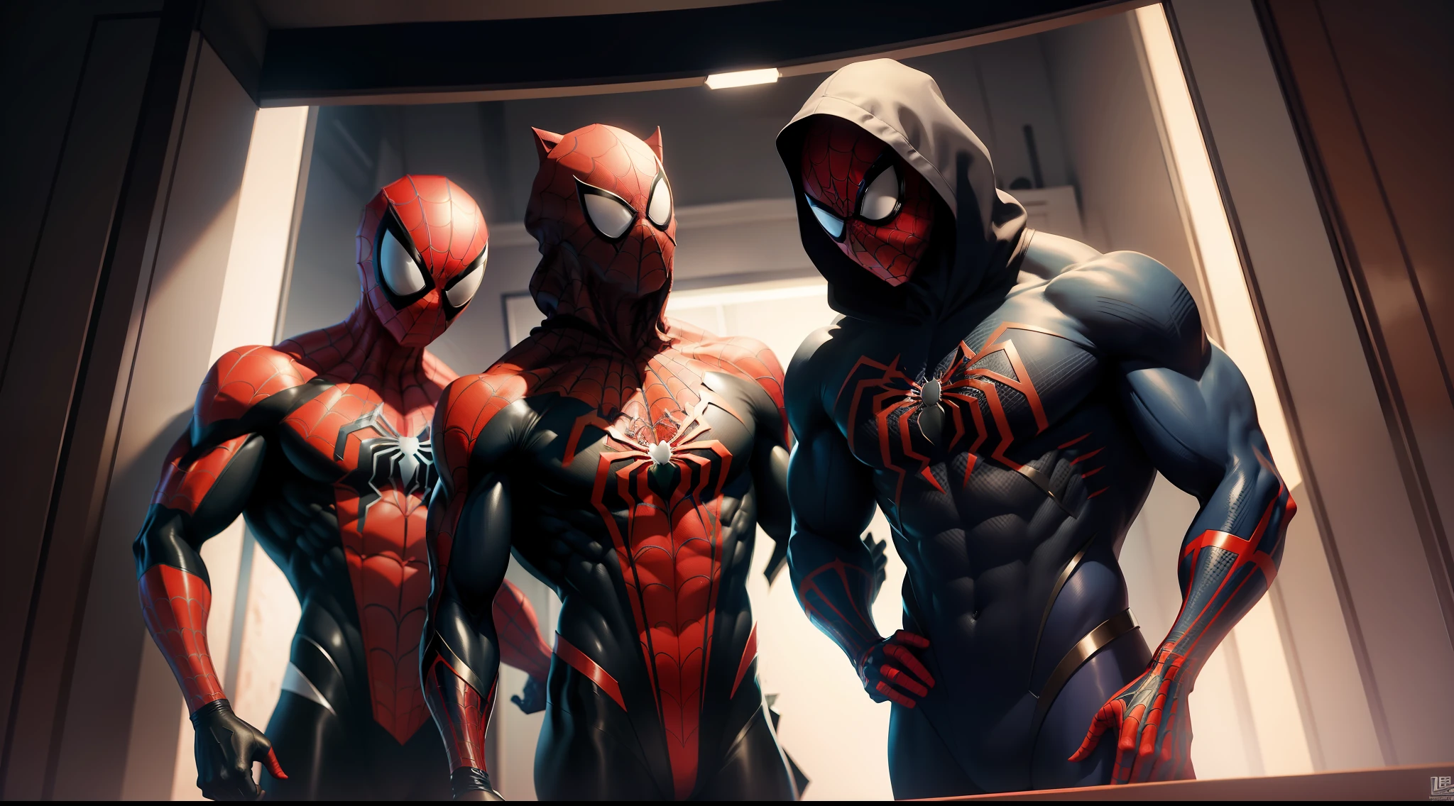 spider man bodybuilder - spider - man and spider - man in a dark room, spider - verse art style, into the spiderverse, spiderverse, into the spider verse, futuristic style spiderman, miles morales!!!, 3840 x 2160, 3840x2160, miles morales, hq 4k wallpaper, rendered in sfm, super detailed render