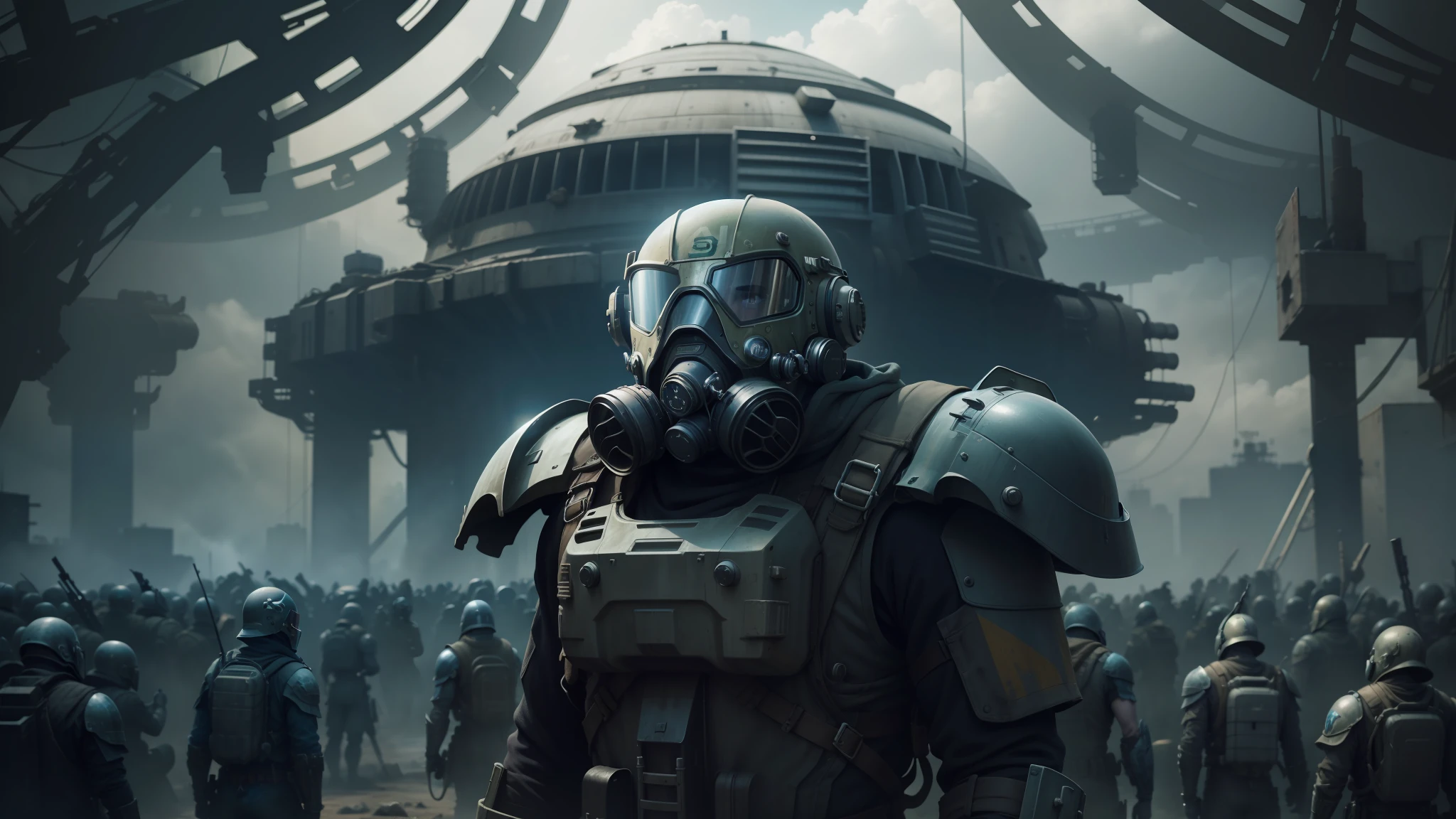 a close up of a person in a gas mask and a helmet, eve online movie still, highly detailed fallout 3, by Vladimír Vašíček, ruined empire on the background, necromunda, blue grey and white color scheme, still from a 2015 pixar movie, metabaron, official artwork, moviestill, leading spartans into battle --auto --s2