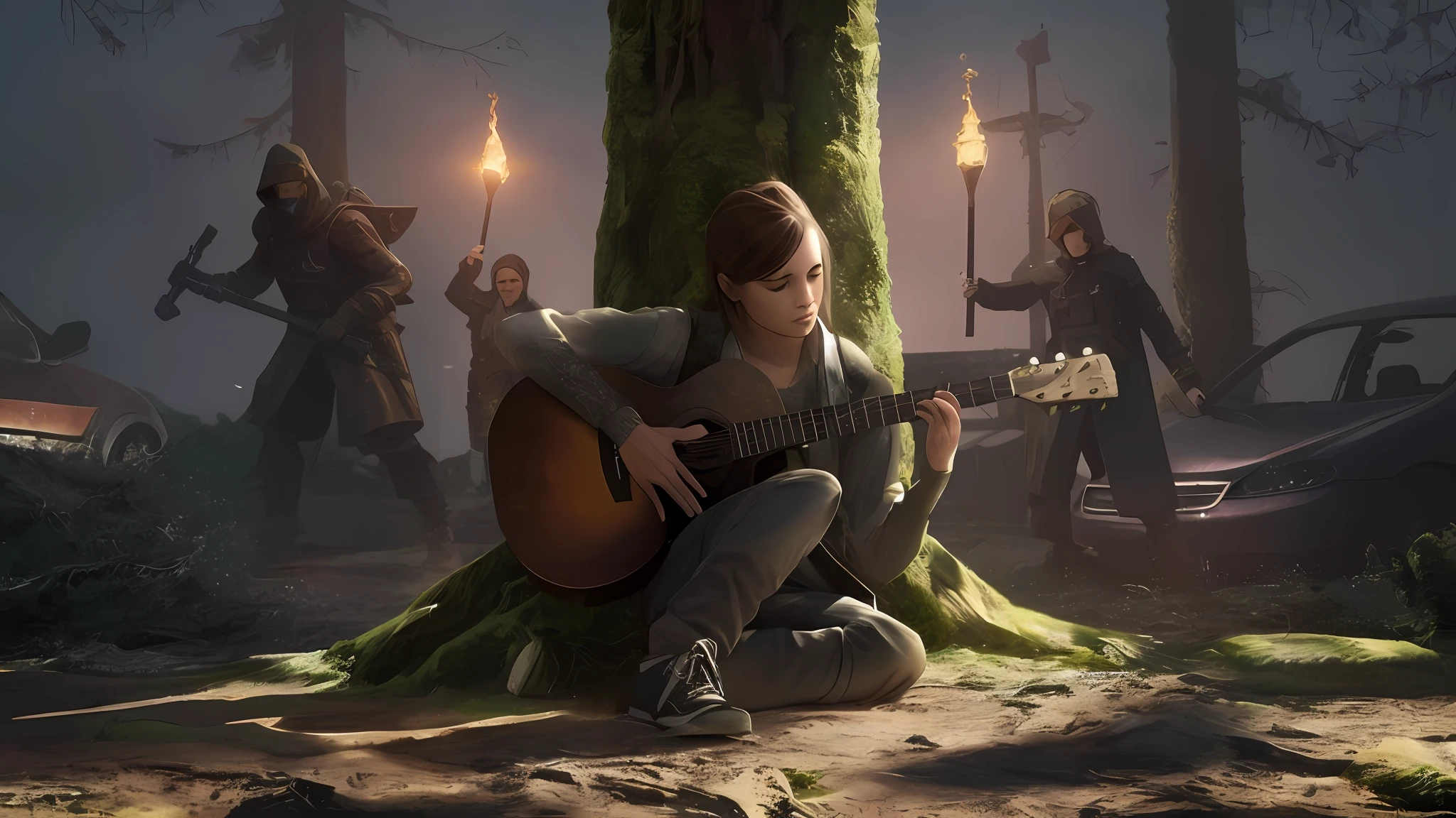 A woman sitting on the ground playing a guitar in a forest - SeaArt AI
