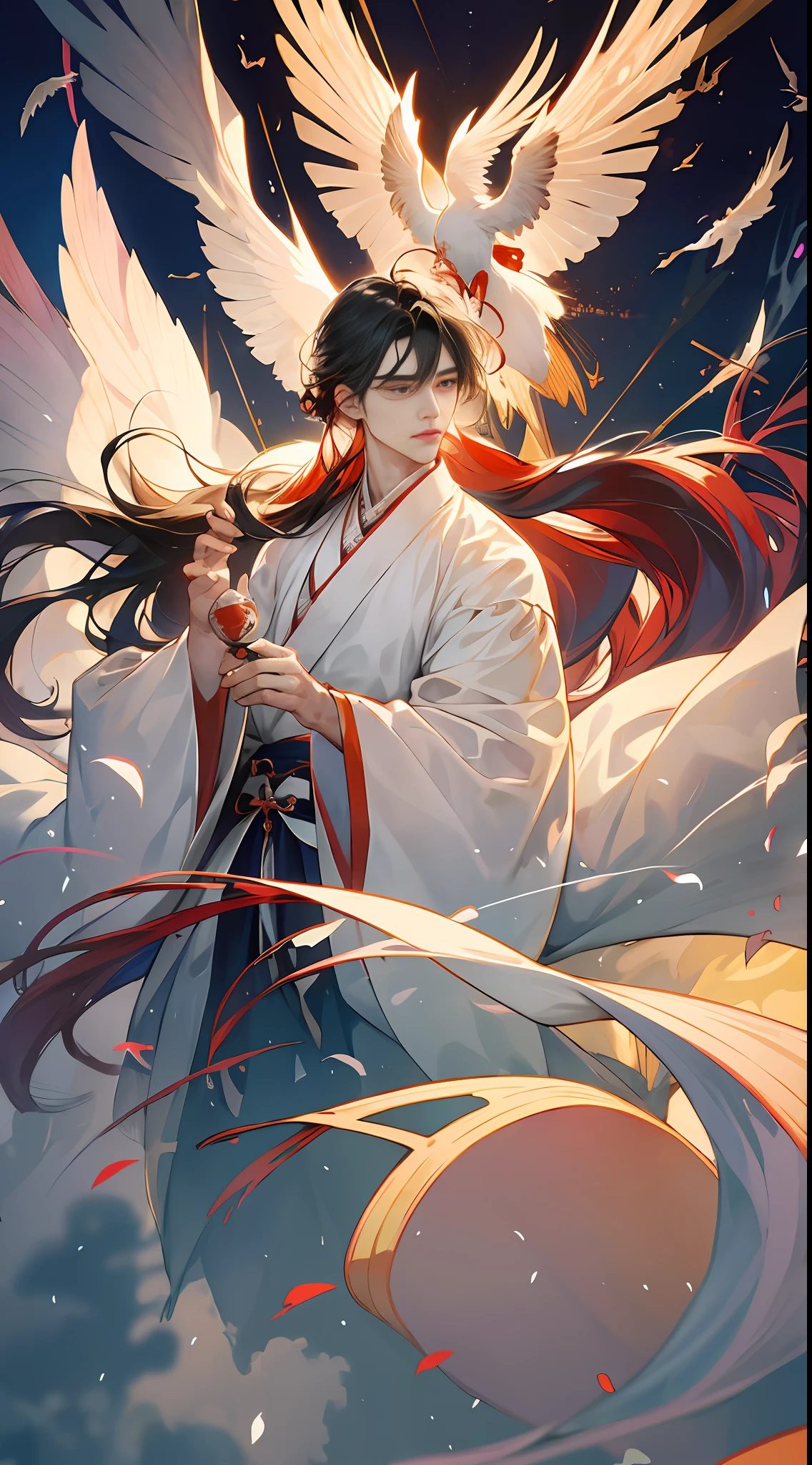 Hanfu, male, manly, long hair, wide robe with large sleeves, fairy fluttering, floating, clouds, cranes, gauze clothes, transparent blouses, holy, antique, dark lines on clothes, extreme details, dramatic composition