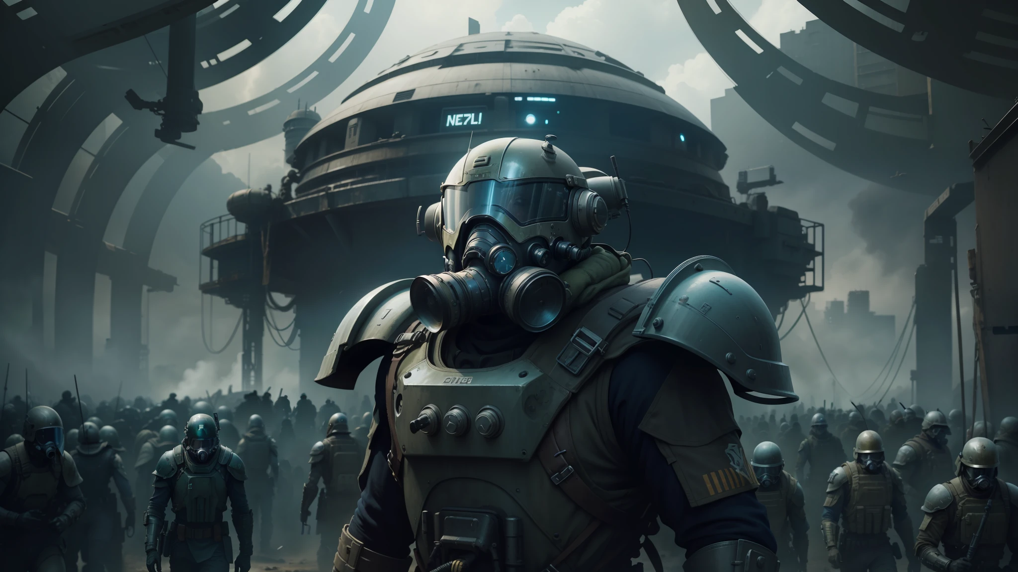 a close up of a person in a gas mask and a helmet, eve online movie still, highly detailed fallout 3, by Vladimír Vašíček, ruined empire on the background, necromunda, blue grey and white color scheme, still from a 2015 pixar movie, metabaron, official artwork, moviestill, leading spartans into battle --auto --s2