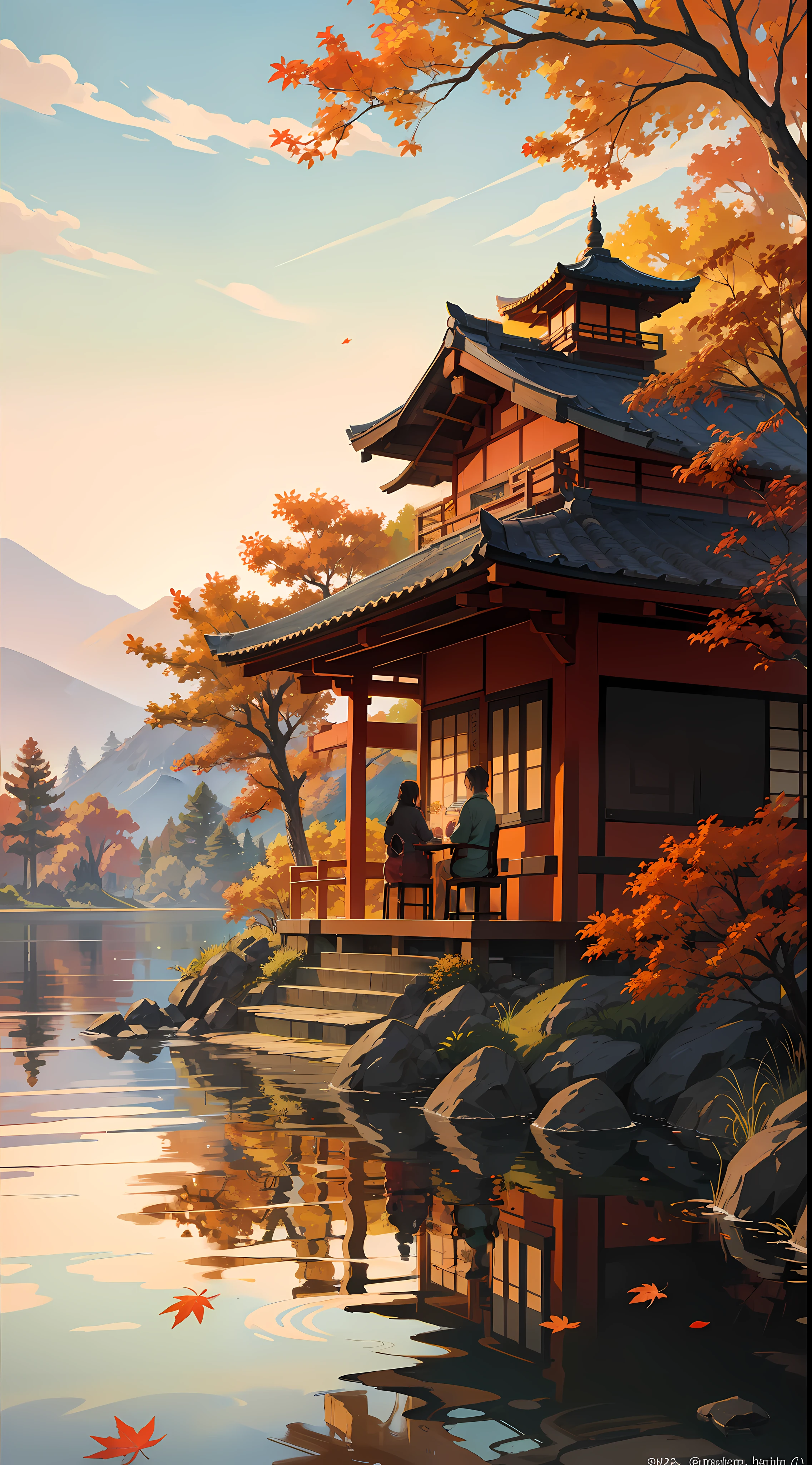 An autumn landscape inspired by Japanese art, with a forest of yellow and red leaves. The sun is setting on the horizon, painting the sky with shades of orange and pink. On the shore of the lake, there is a small wooden pavilion, with an old fisherman sitting at the water's edge. In the background, an imposing mountain stands out against the sky.