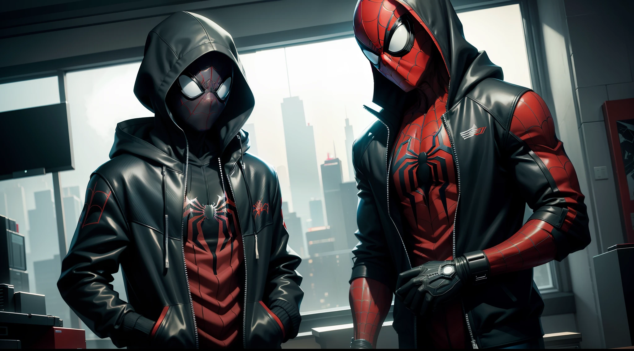 spider man cyberpunk - spider - man and spider - man in a dark room, spider - verse art style, into the spiderverse, spiderverse, into the spider verse, futuristic style spiderman, miles morales!!!, 3840 x 2160, 3840x2160, miles morales, hq 4k wallpaper, rendered in sfm, super detailed render