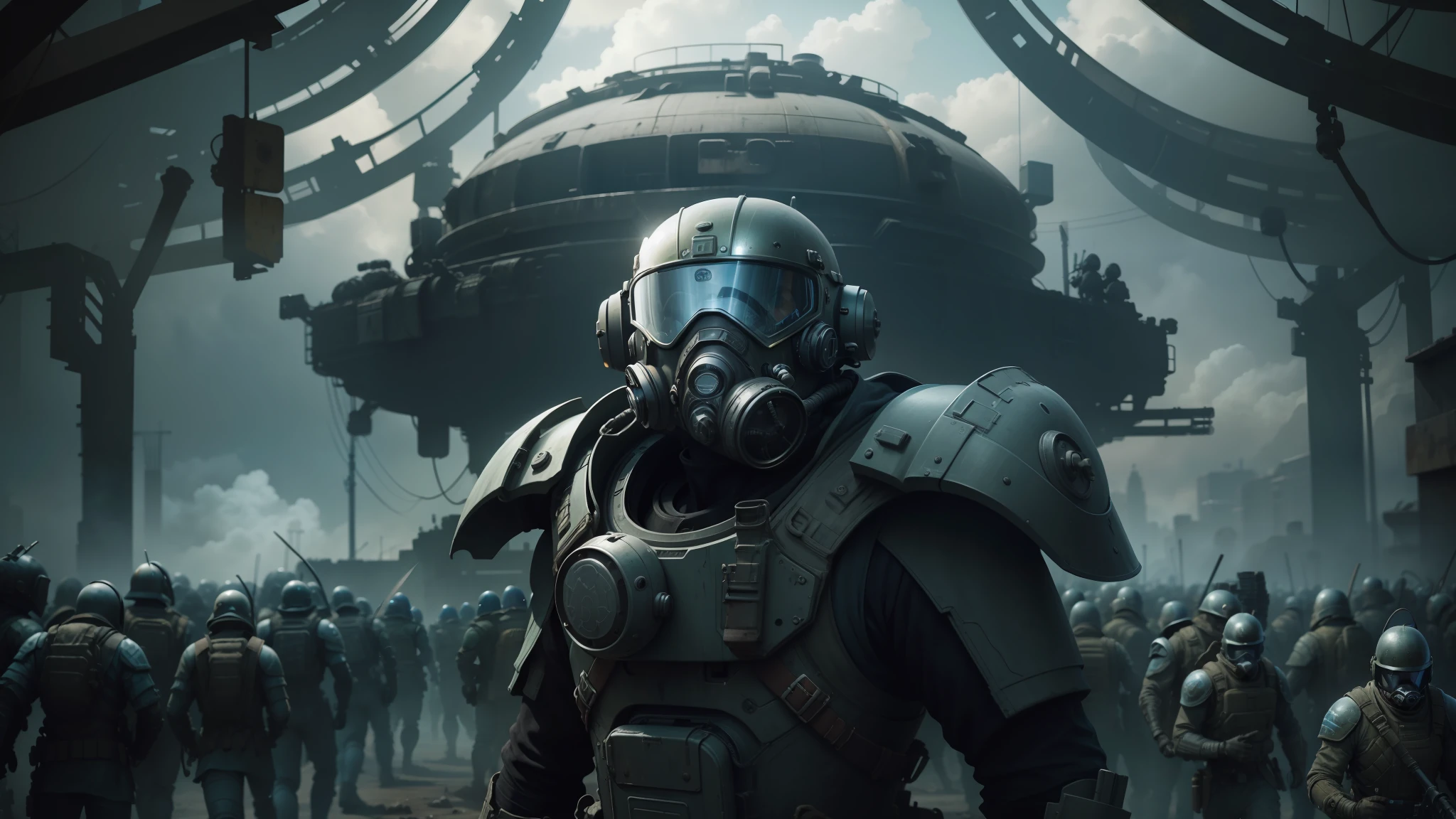 a close up of a person in a gas mask and a helmet, eve online movie still, highly detailed fallout 3, by Vladimír Vašíček, ruined empire on the background, necromunda, blue grey and white color scheme, still from a 2015 pixar movie, metabaron, official artwork, moviestill, leading spartans into battle --auto --s2