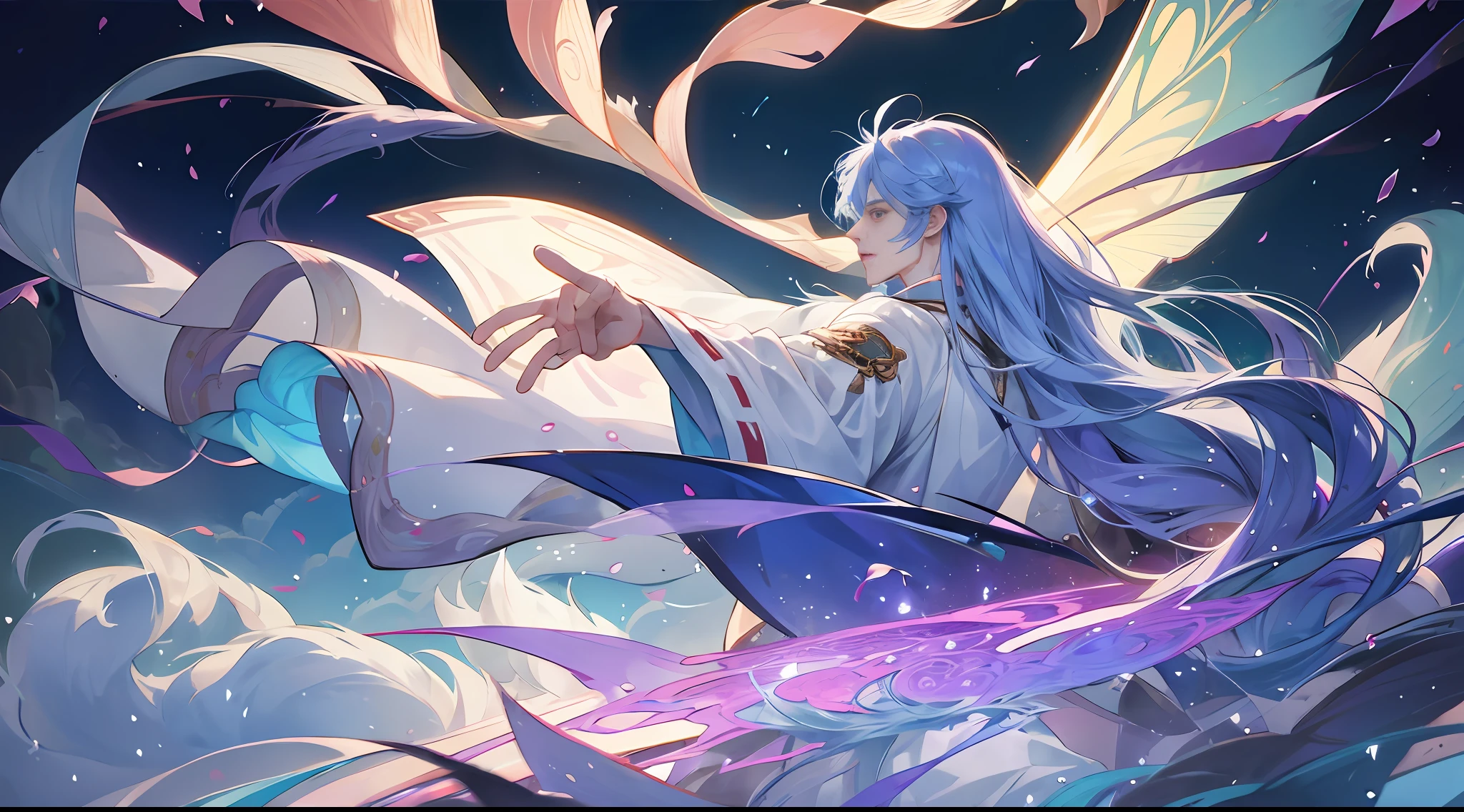 Hanfu, male, manly, long hair, wide robe with big sleeves, fairy fluttering, floating, cloudy, extreme detail, dramatic composition, glow