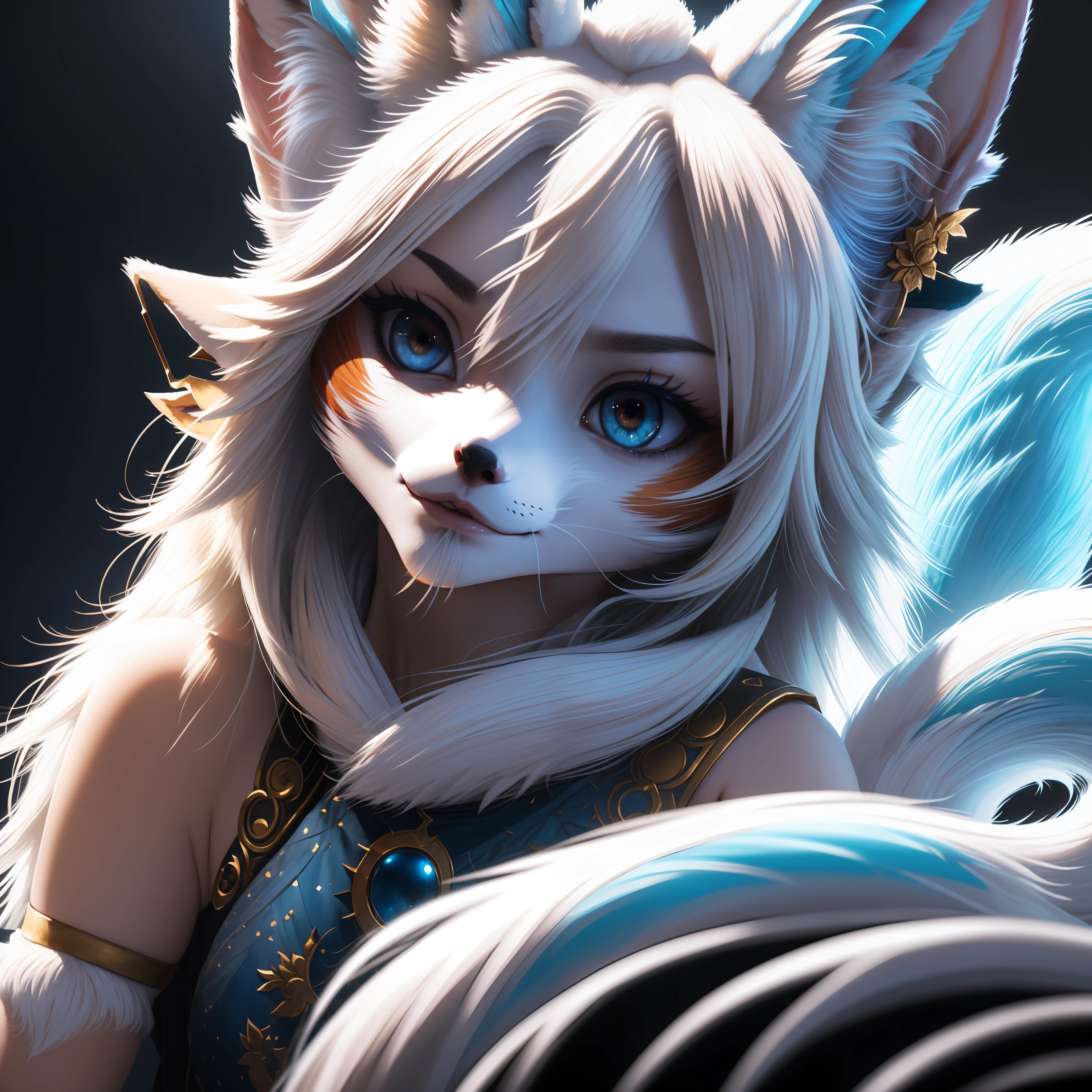 A beautiful woman goddess ((fox)), nine-tailed kitsune in bluish skin with white tones and ultra-realistic hair beautiful snow color, blonde hair, hollow eyes, hollow eyes, animal ears, food on the face, Surrealism, hyperrealism, jpeg artifacts, UHD, masterpiece, anatomically correct, curated, super detail, high detail, high quality, high detail, higher, 8k, Greg Rutkowski, , fantastic,  Intricate detail, fantasy concept art, deviant art masterpiece, Cinematic.