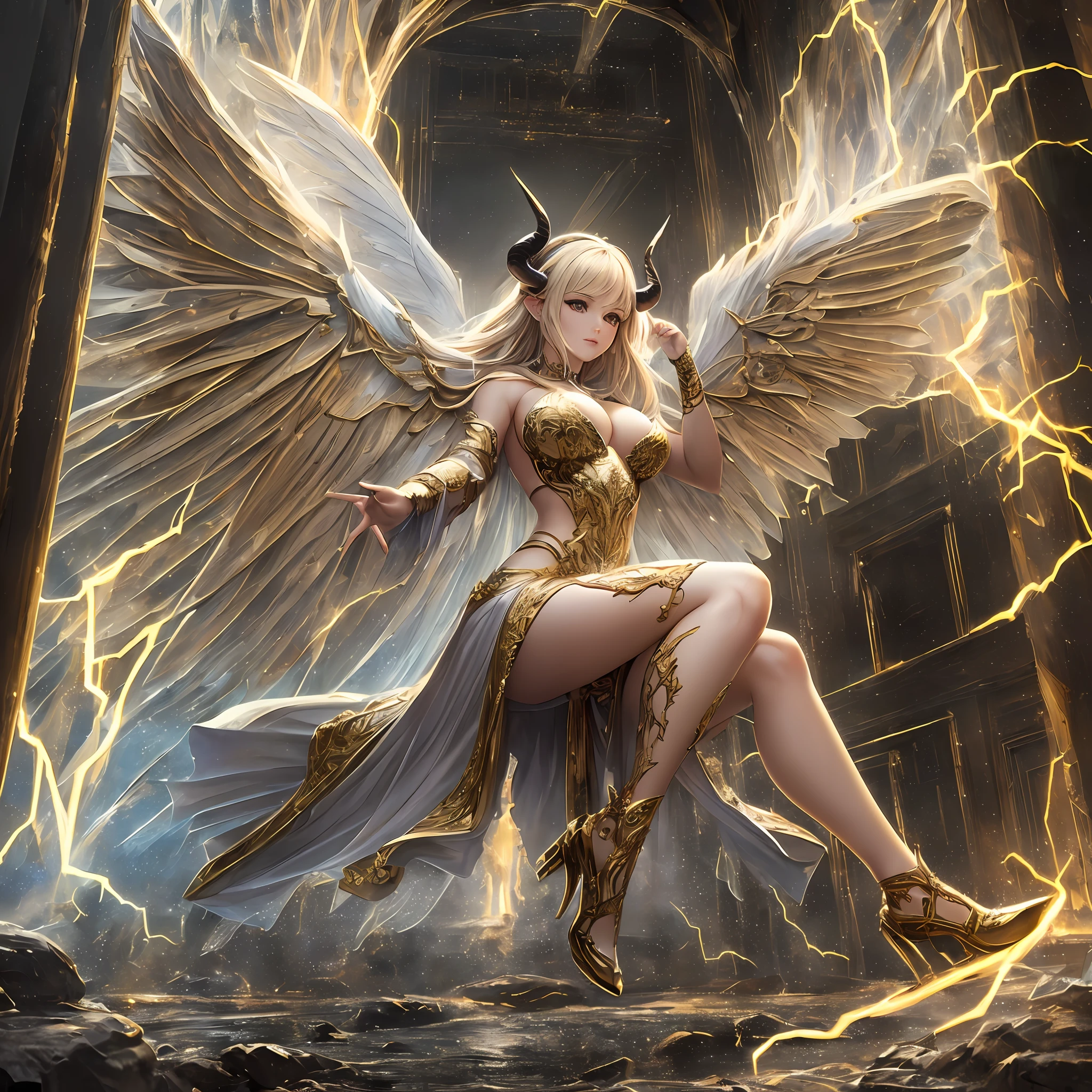 (masterpiece, best quality, ultra-detailed), (lightning, electricity:1.2, horns, wings), (woman, full body), (very realistic:1.5, thorough:1.3). --auto --s2