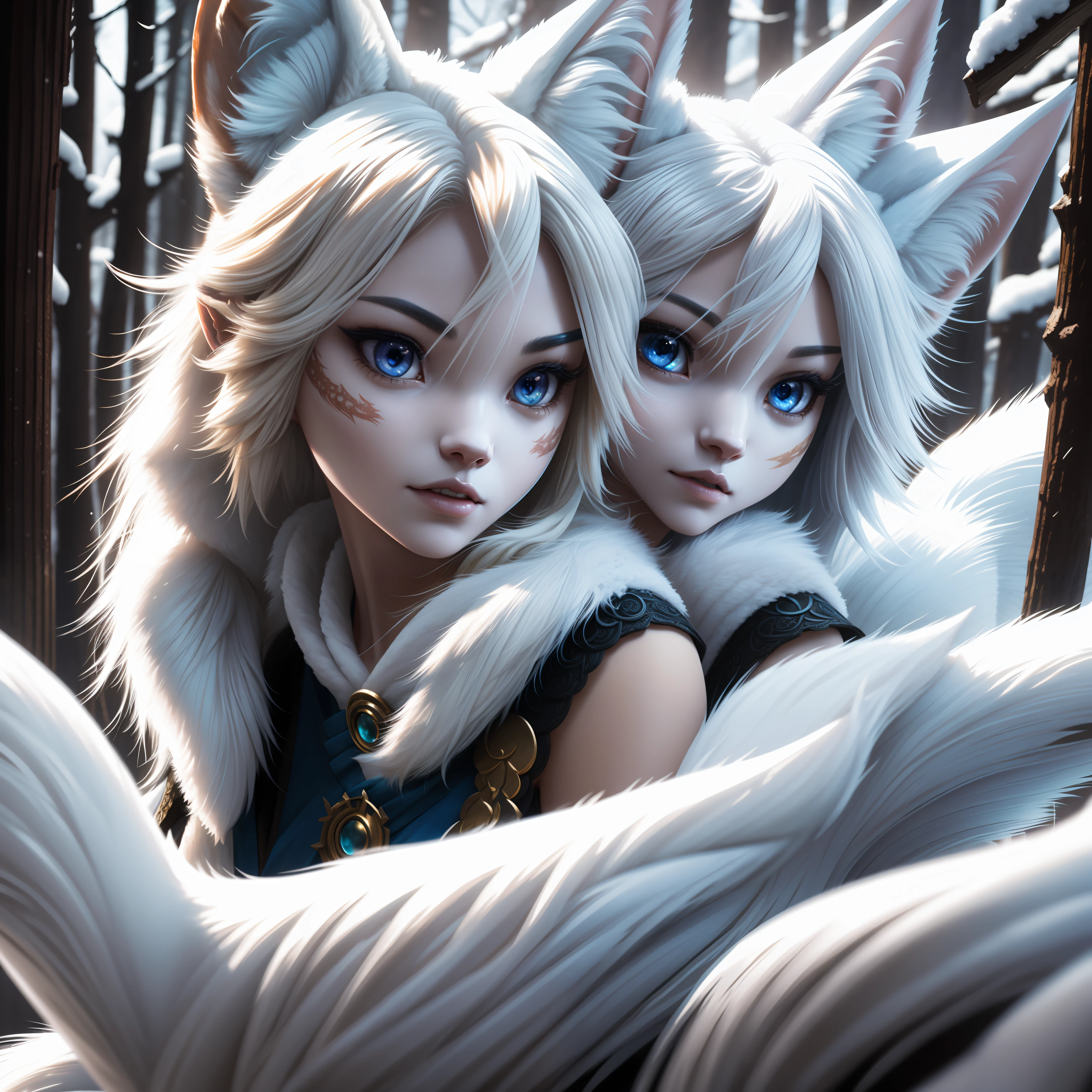 A beautiful woman goddess ((fox)), nine-tailed kitsune in bluish skin with white tones and ultra-realistic hair beautiful snow color, blonde hair, hollow eyes, hollow eyes, animal ears, food on the face, Surrealism, hyperrealism, jpeg artifacts, UHD, masterpiece, anatomically correct, curated, super detail, high detail, high quality, high detail, higher, 8k, Greg Rutkowski, , fantastic, Intricate detail, fantasy concept art, deviant art masterpiece, Cinematic.
