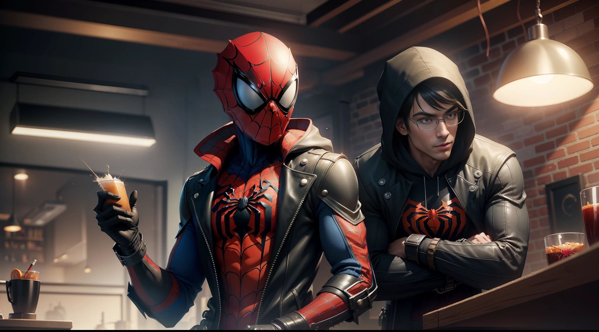 spider man steampunk - spider - man and spider - man in a dark room, spider - verse art style, into the spiderverse, spiderverse, into the spider verse, futuristic style spiderman, miles morales!!!, 3840 x 2160, 3840x2160, miles morales, hq 4k wallpaper, rendered in sfm, super detailed render