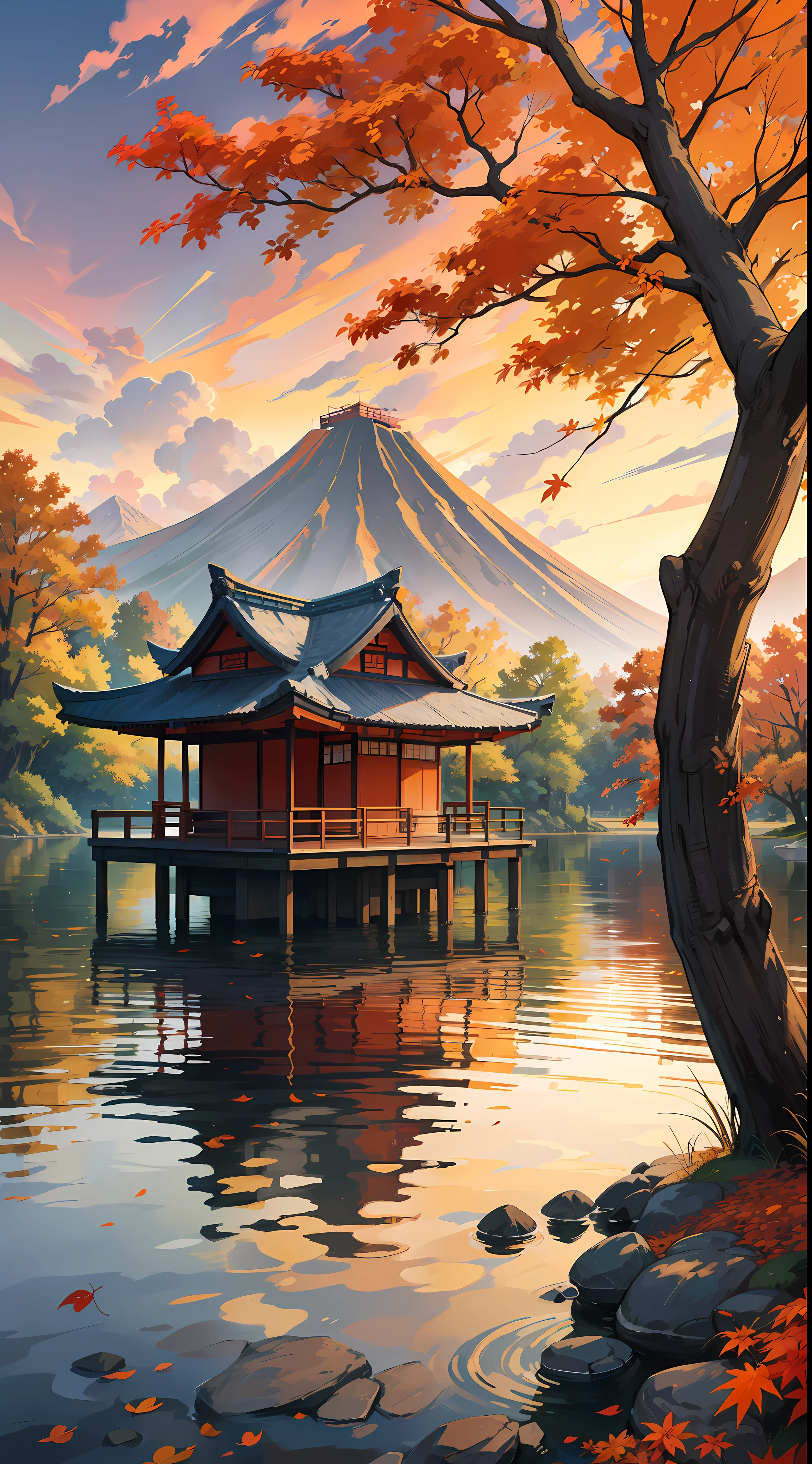 An autumn landscape inspired by Japanese art, with a forest of yellow and red leaves. The sun is setting on the horizon, painting the sky with shades of orange and pink. On the shore of the lake, there is a small wooden pavilion, with an old fisherman sitting at the water's edge. In the background, an imposing mountain stands out against the sky.