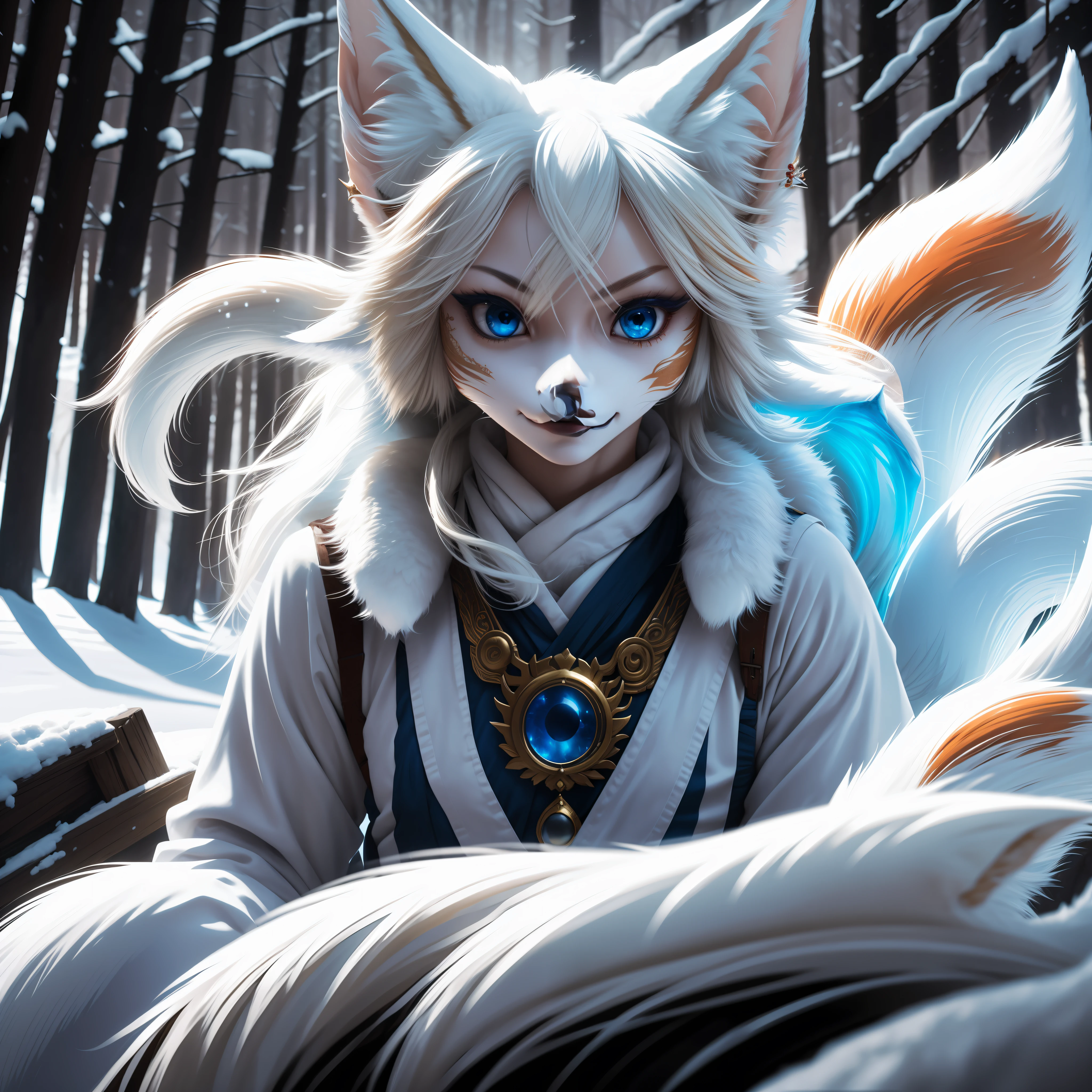 A beautiful woman goddess ((fox)), nine-tailed kitsune in bluish skin with white tones and ultra-realistic hair beautiful snow color, blonde hair, hollow eyes, hollow eyes, animal ears, food on the face, Surrealism, hyperrealism, jpeg artifacts, UHD, masterpiece, anatomically correct, curated, super detail, high detail, high quality, high detail, higher, 8k, Greg Rutkowski, , fantastic, Intricate detail, fantasy concept art, deviant art masterpiece, Cinematic.