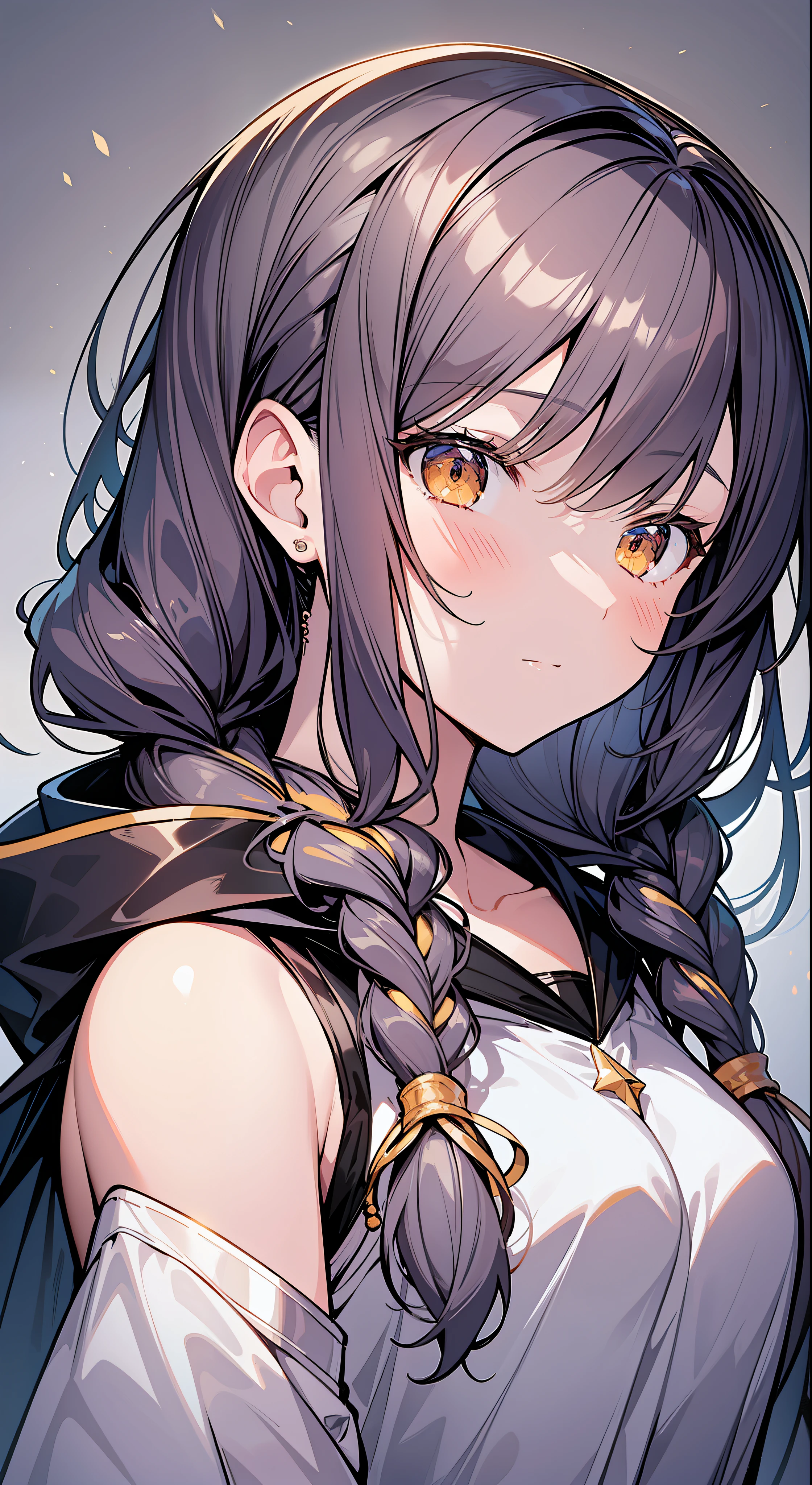 Top Quality, Masterpiece, High Resolution, 8k, Hoodie and Anime Style Girl, One Girl, Detailed Line Art, Bright White and Bright Amber Style, Digital Enhancement, Close Up, Anime Core, Flowing Fabric, Short Braids with shoulder-length hair, Beautiful hair