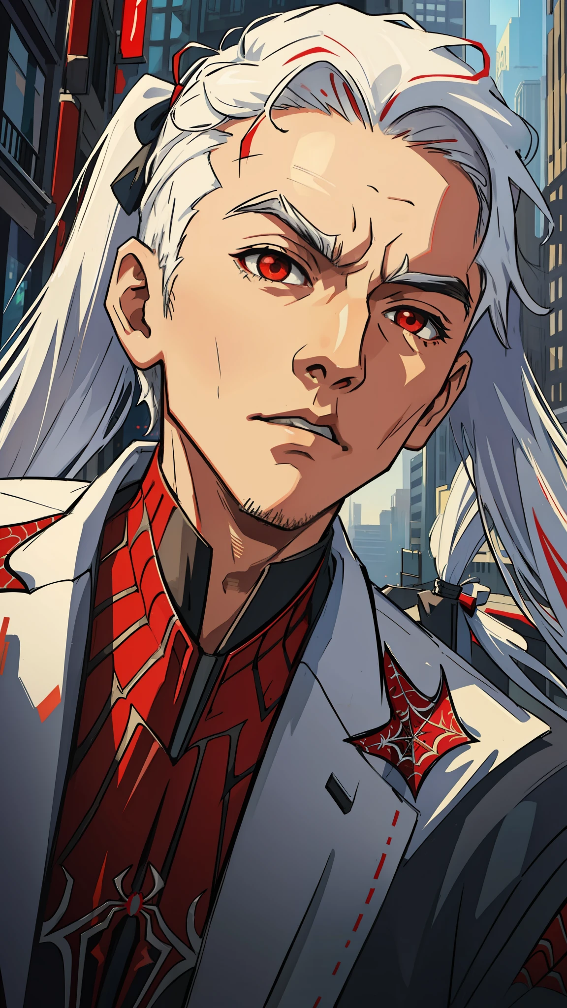 (masterpiece, best quality), intricate details, 8k, artstation, wallpaper, official art, splash art, sharp focus, boy long hair, twin tails, red eyes, white hair, 
 spider suit, spider web printing, spider web,  
skyscrapers, city, buildings, cars, street,