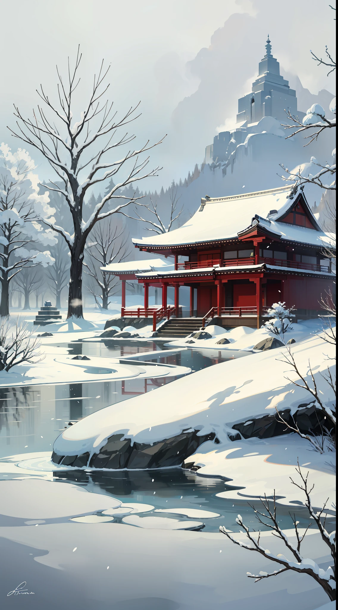 A winter landscape inspired by Japanese art, with a wooden temple covered in snow. The trees are bare, their branches covered in white snow. A small waterfall is frozen, creating a magical effect. The sky is overcast, creating an atmosphere of calm and serenity. On the shore of the lake, there is a small Zen temple, where people come to meditate and bask in the fire.