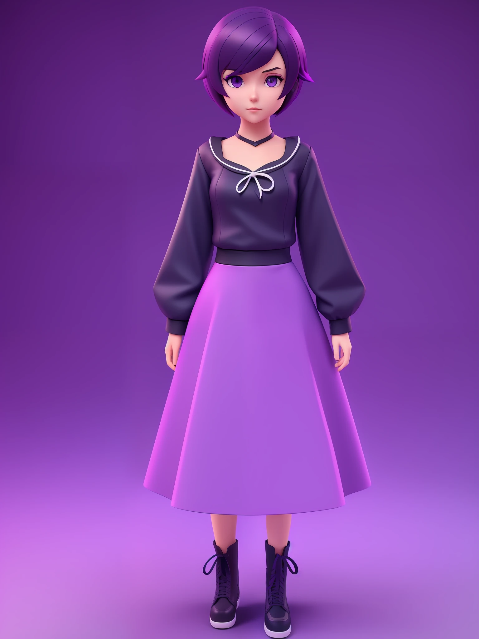 Young girl, a cartoon character light dark purple clothing, (short hair and dark blue), stylized character, animation character, stylized 3d render, 3d character, highly detailed character, stylized anime, stylized 3d, render character, character model, full body, maximum quality