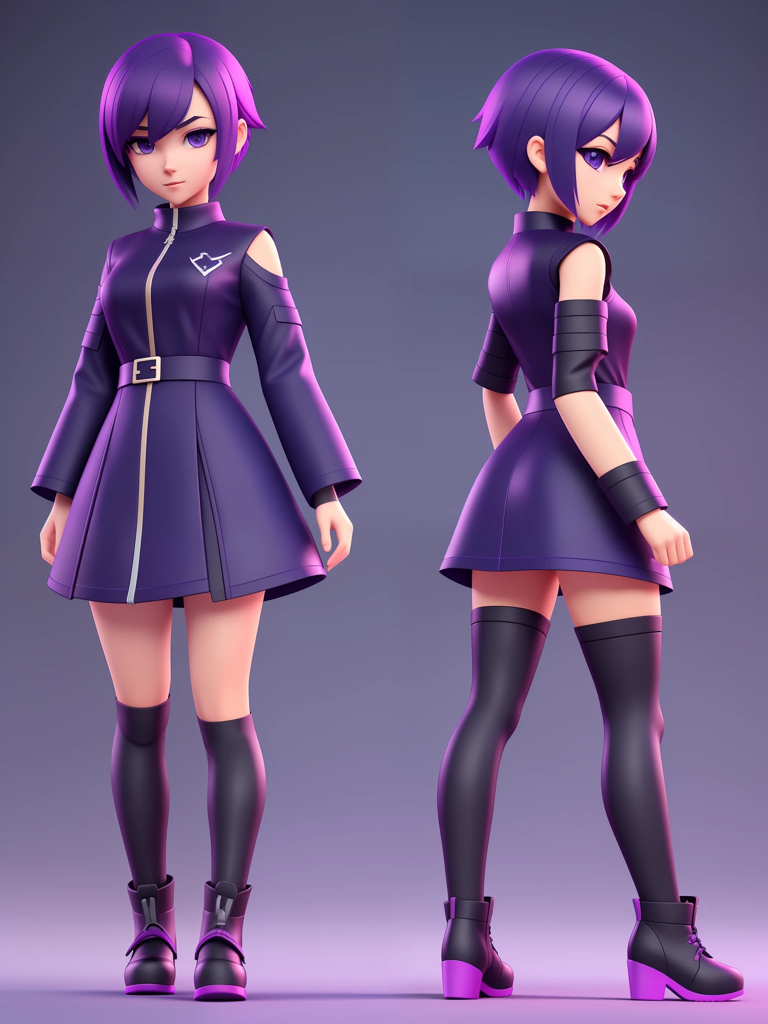 Young girl, a cartoon character light dark purple clothing, (short hair and dark blue), stylized character, animation character, stylized 3d render, 3d character, highly detailed character, stylized anime, stylized 3d, render character, character model, full body, maximum quality
