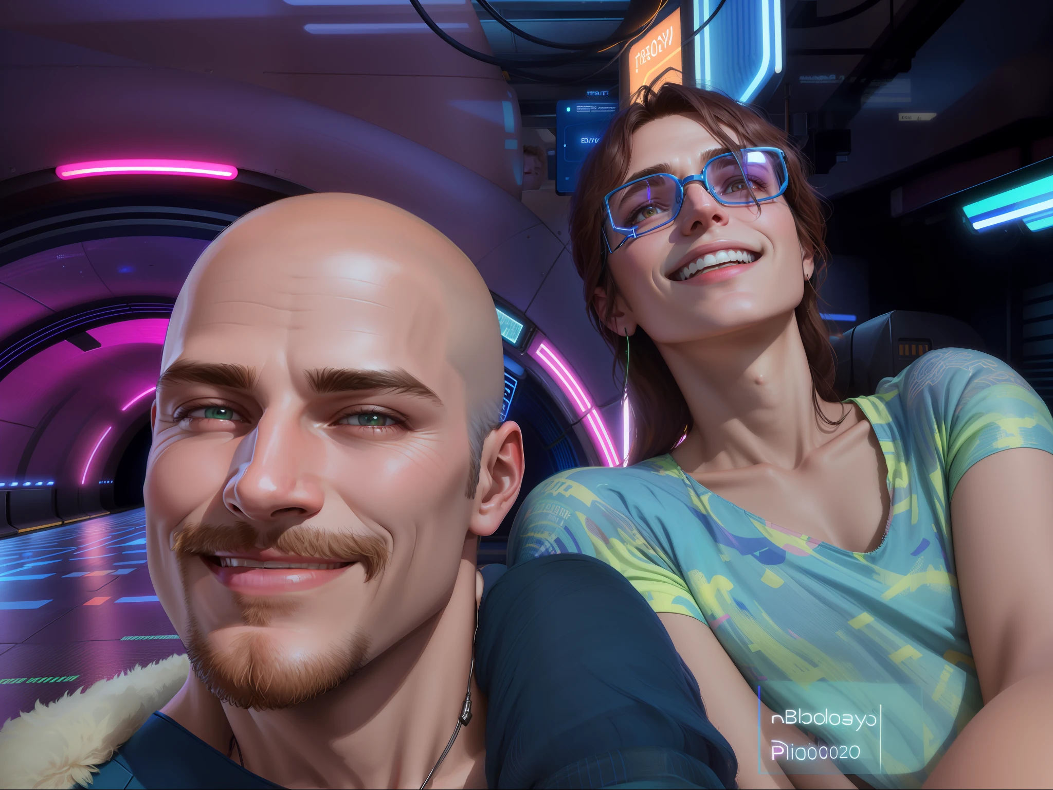 smiling man and woman sitting in a tunnel with neon lights, 8k selfie photograph, smooth in _ the background, photo taken in 2 0 2 0, taken in 2022, taken in the early 2020s, wlop and andrei riabovitchev, snapchat photo, john picacio and brom, both smiling for the camera