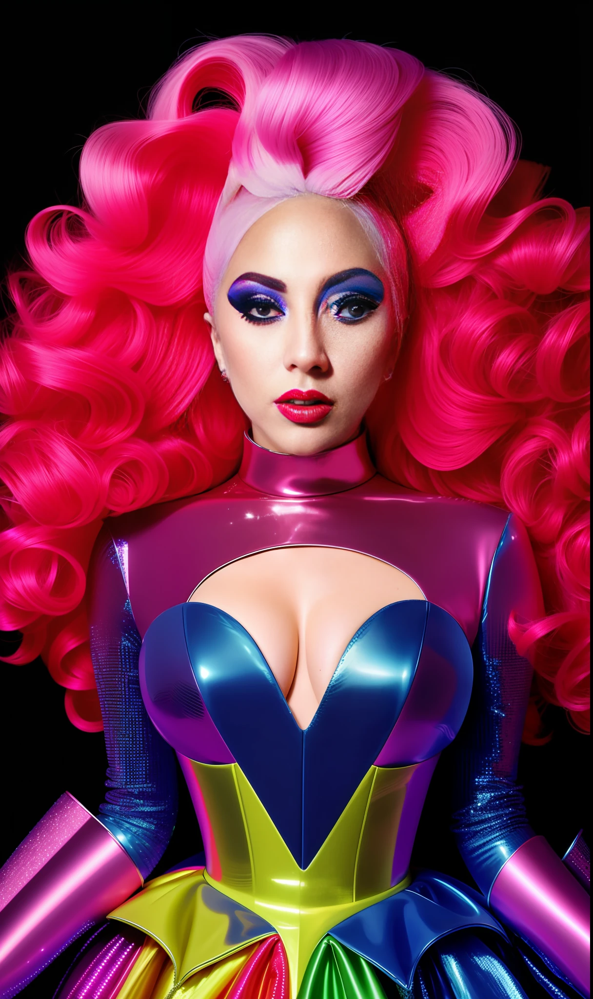Lady gaga photo, 4K texture, robotic and extravagant dress and strange hairstyle, 8k image, haute couture, flashes, high image quality, neon dress, realistic face, various body poses