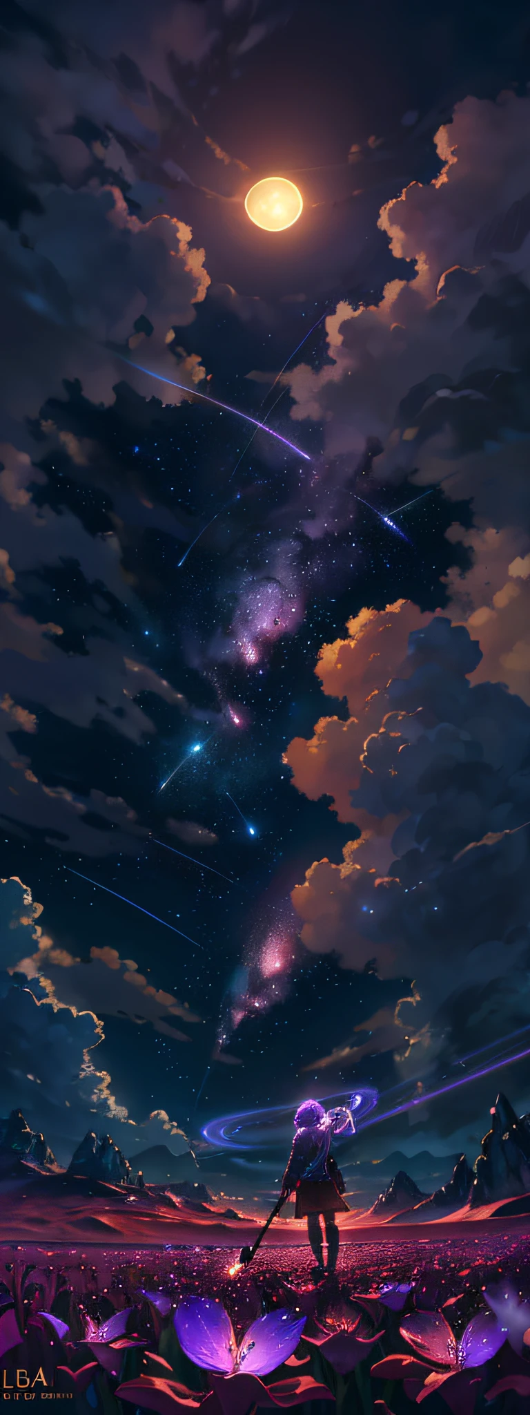 expansive landscape photograph , (a view from below that shows sky above and open field below), a girl standing on flower field looking up, (full moon:1.2), ( shooting stars:0.9), (nebula:1.3), distant mountain, tree BREAK
production art, (warm light source:1.2), (Firefly:1.2), lamp, lot of purple and orange, intricate details, volumetric lighting, realism BREAK
(masterpiece:1.2), (best quality), 4k, ultra-detailed, (dynamic composition:1.4), highly detailed, colorful details,( iridescent colors:1.2), (glowing lighting, atmospheric lighting), dreamy, magical, (solo:1.2)