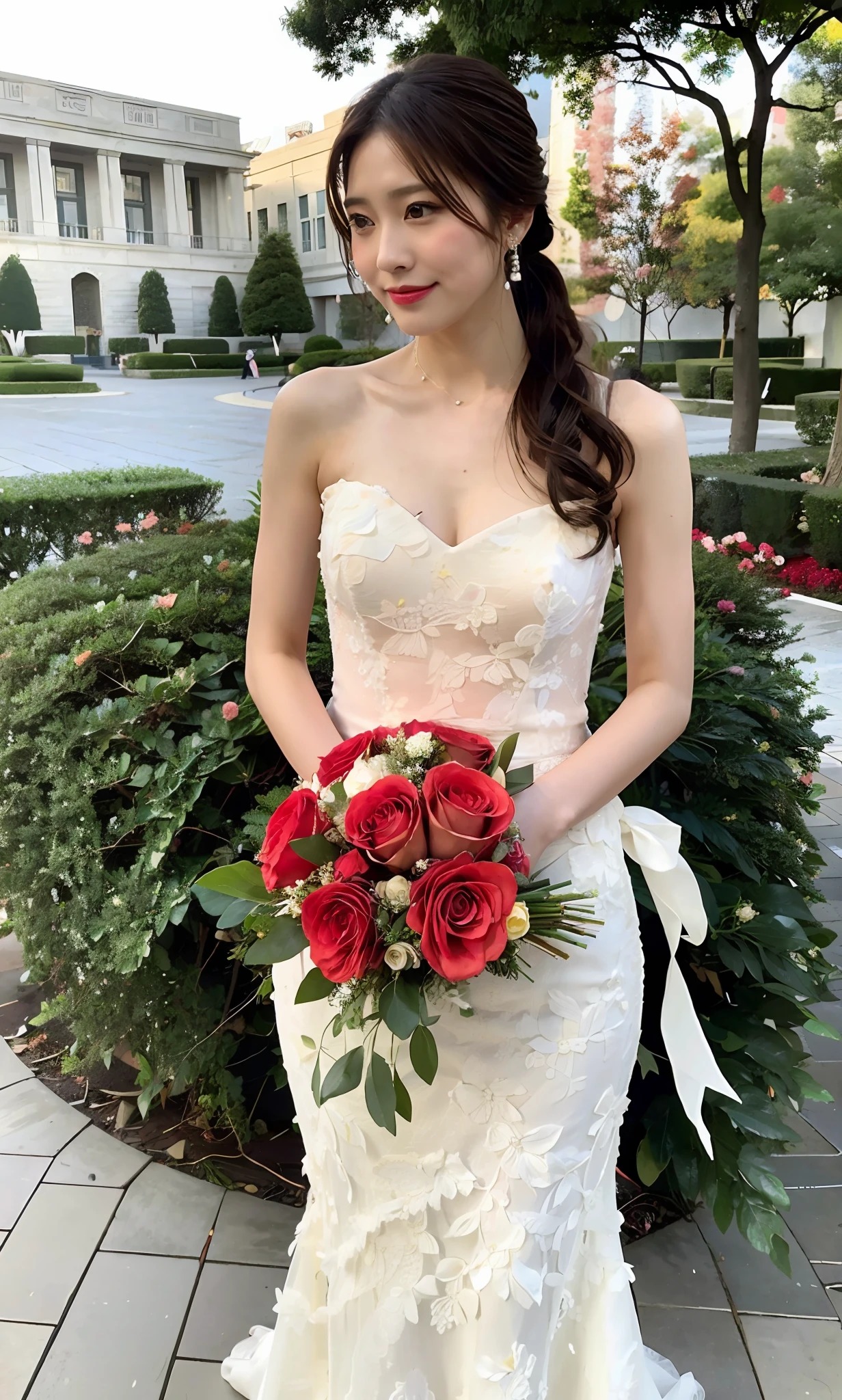In front of the ceremony, a la fed woman in a wedding dress with a bouquet of roses, lovely woman holding flowers, Sakimi-chan, Yoshitomo Nara, photos taken with Nikon D750, photos taken with Nikon D7 5 0, cute elegant pose, taken with Canon EOS 5D Mark IV, beautiful asian girl, Ayami on Kojima