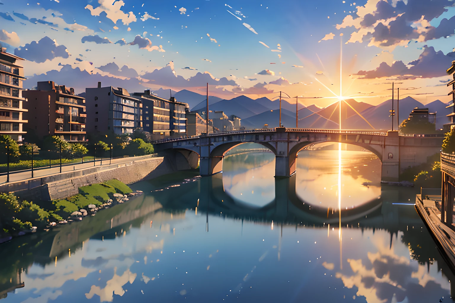 a large bridge over a large body of water, a detailed matte painting by Makoto Shinkai, featured on pixiv, photorealism, official art, matte painting, high detailed, anime lens flare, anime sun flare, anime abient occlusion --auto --s2