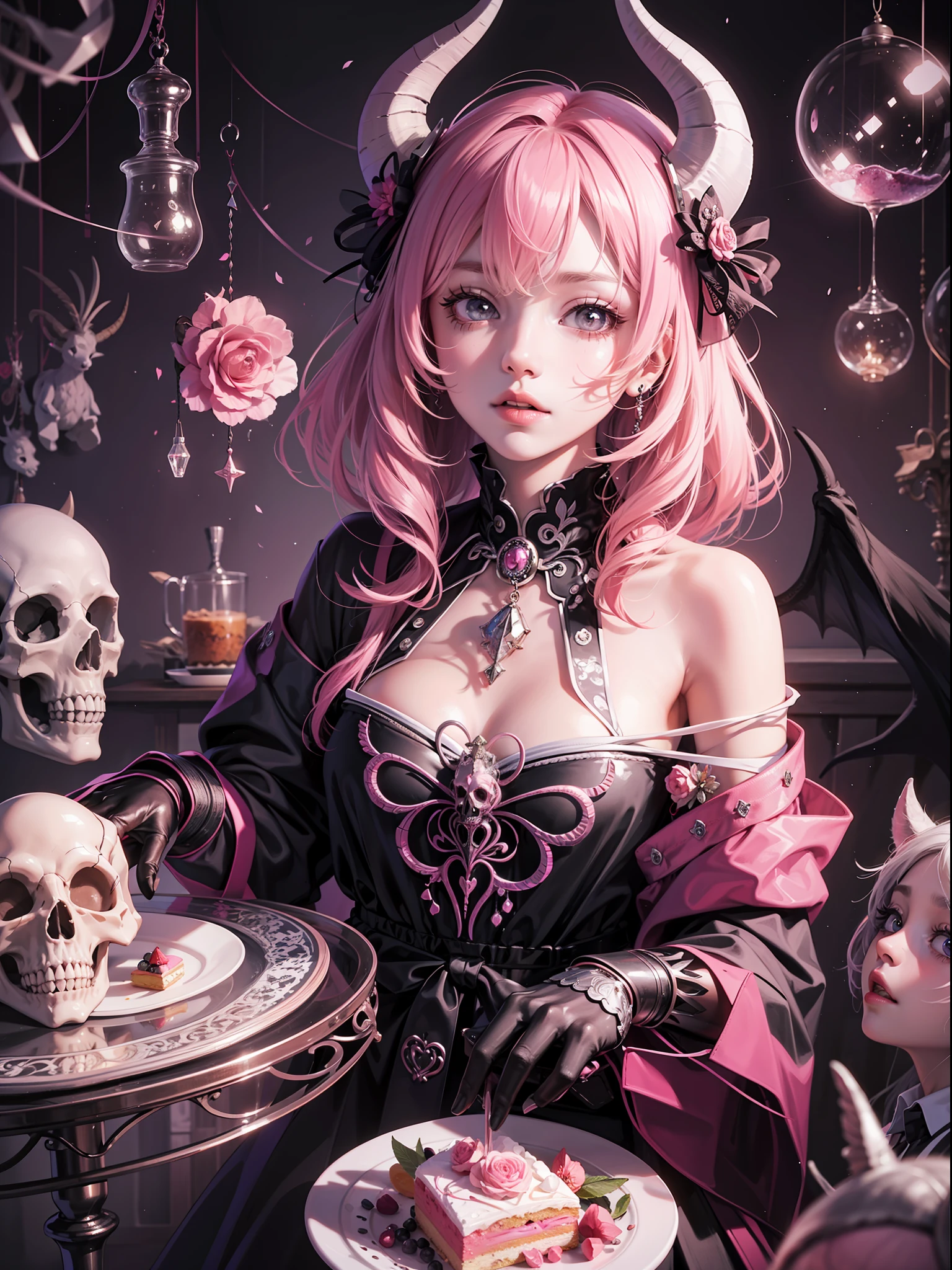 official art, unity 8k wallpaper, ultra detailed, beautiful and aesthetic, High quality, beautiful, masterpiece, best quality, (zentangle, mandala, tangle, entangle:0.6), low contrast, a cute girl serving cake to demons, pink, bright pastel colors, kawaii, (horror), eerie, rabbit skull, goat skull, in hell, creepy, demons, claws, best lighting --auto --s2
