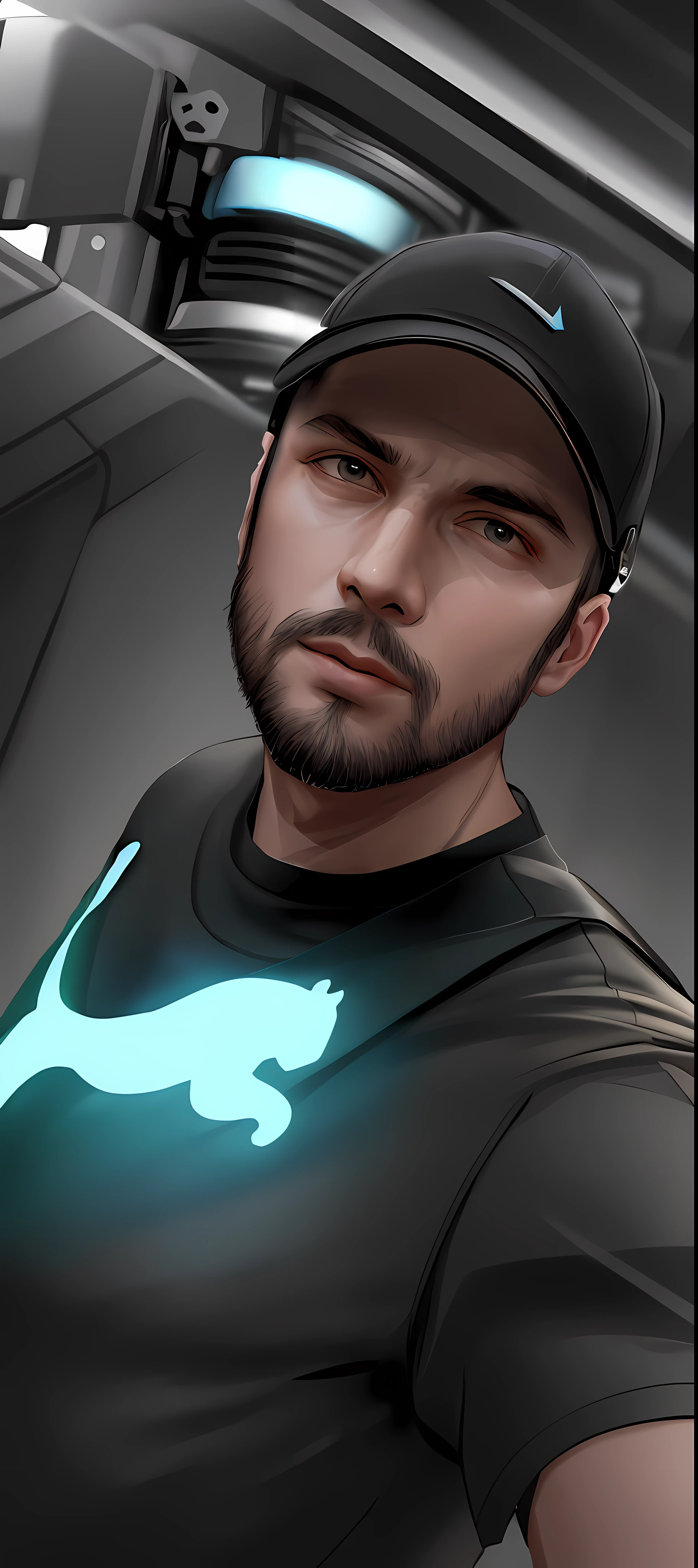 "8k portrait of man with cap and black shirt taking a selfie, use of details to highlight the black outfit and create a professional effect. Blurred background and elements that refer to a futuristic moment with robot clothing.
