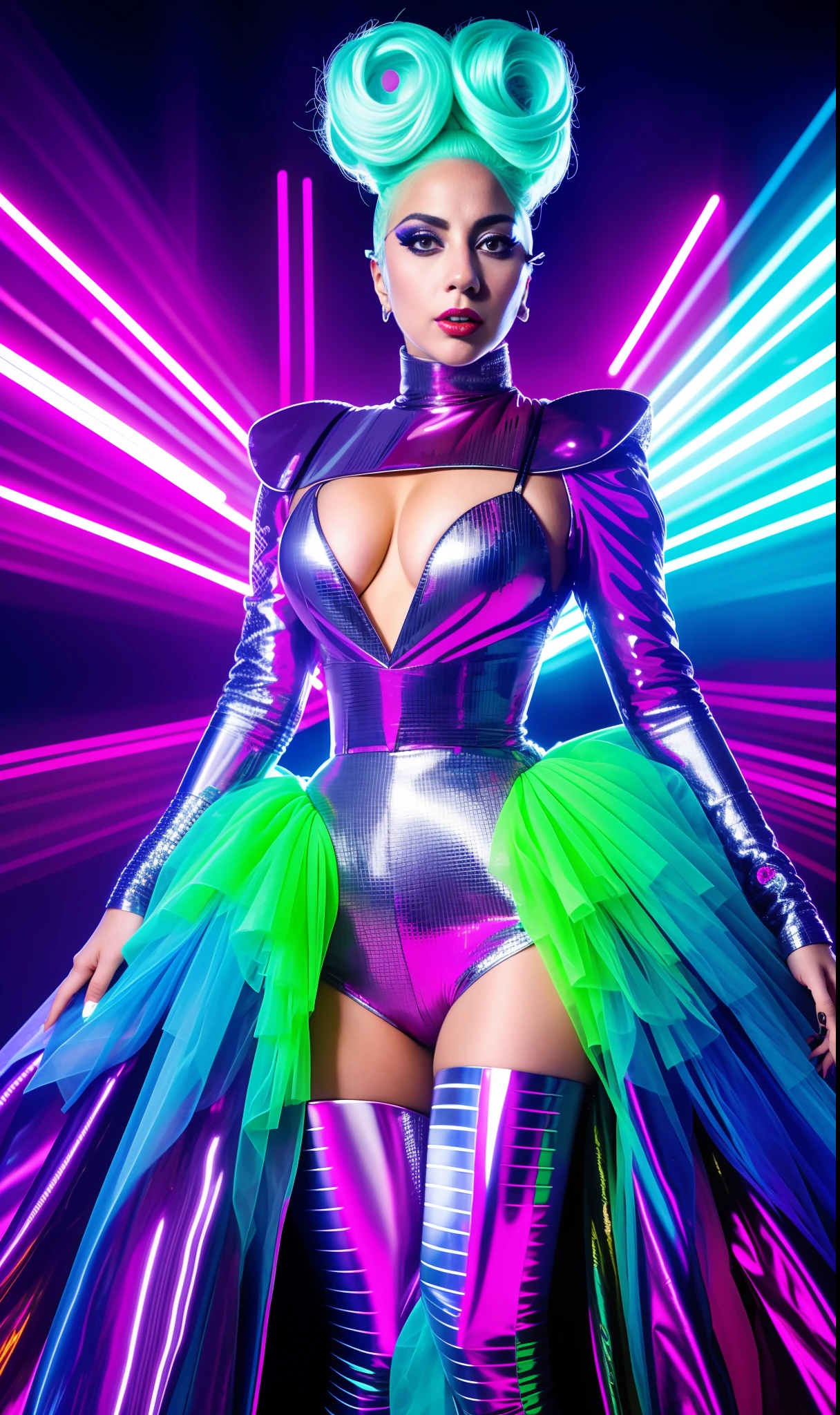 Lady gaga photo, 4K texture, robotic and extravagant dress and strange hairstyle, 8k image, haute couture, flashes, high image quality, neon dress, realistic face, various poses, with a mask