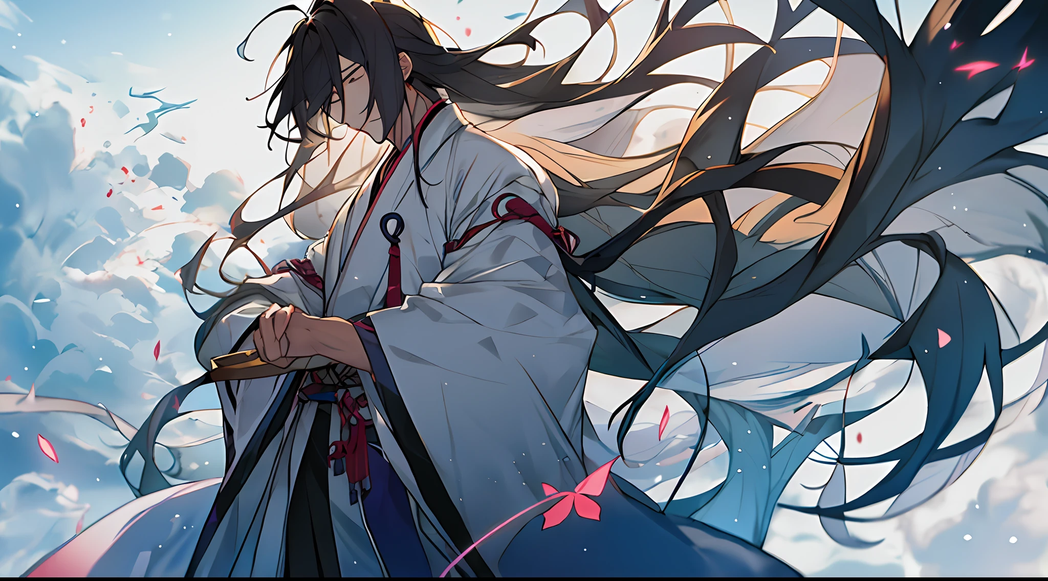 Hanfu, male, manly, long hair, wide robe with big sleeves, fairy fluttering, floating, cloudy, extreme detail, dramatic composition, glow