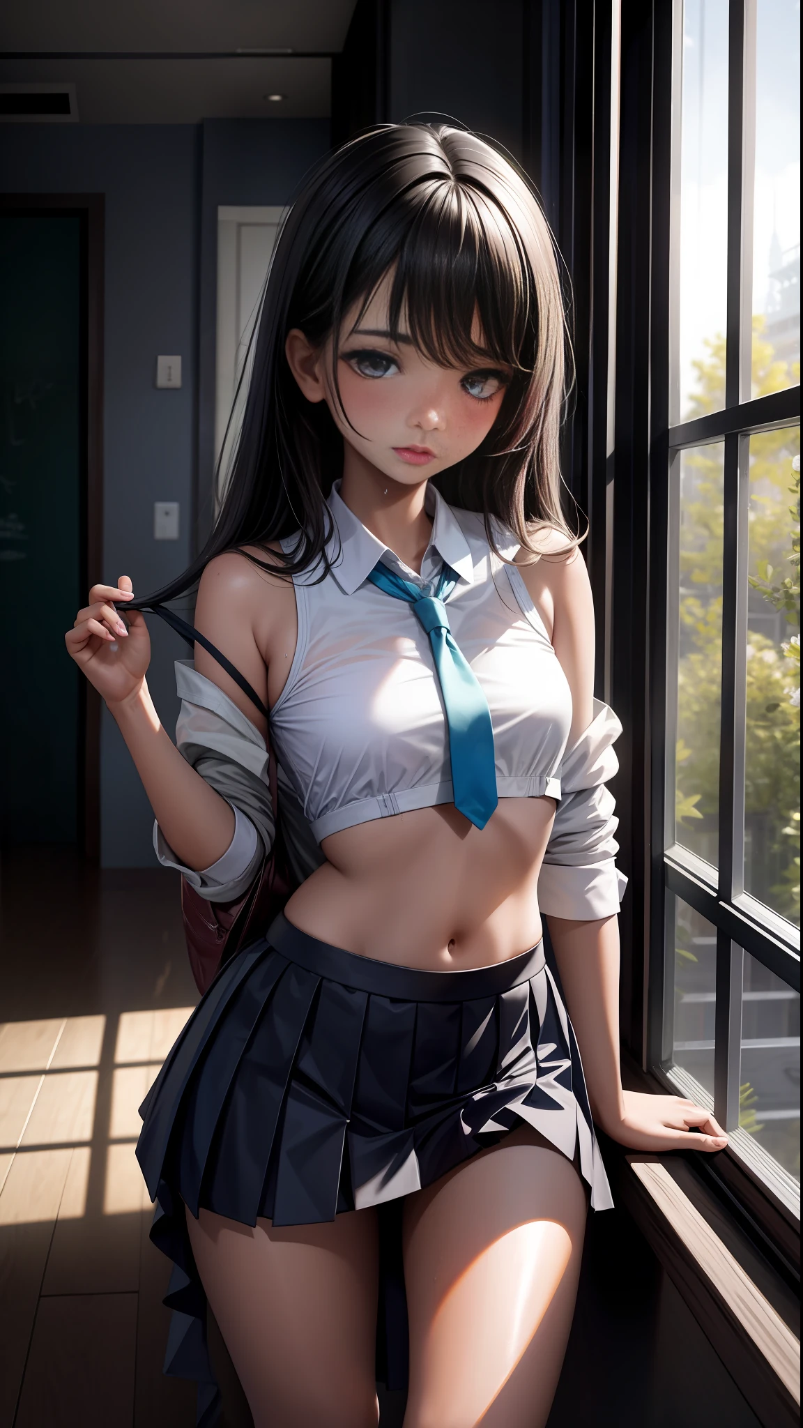 Masterpiece, highest quality, high resolution, solo Indian girl, small breasts, sexy school dress, skirt floating, wet shoulder, unconcerned, NSFW, small breasts, unconcerned, NSFW, lusty, heavy breathing, sexual expression,