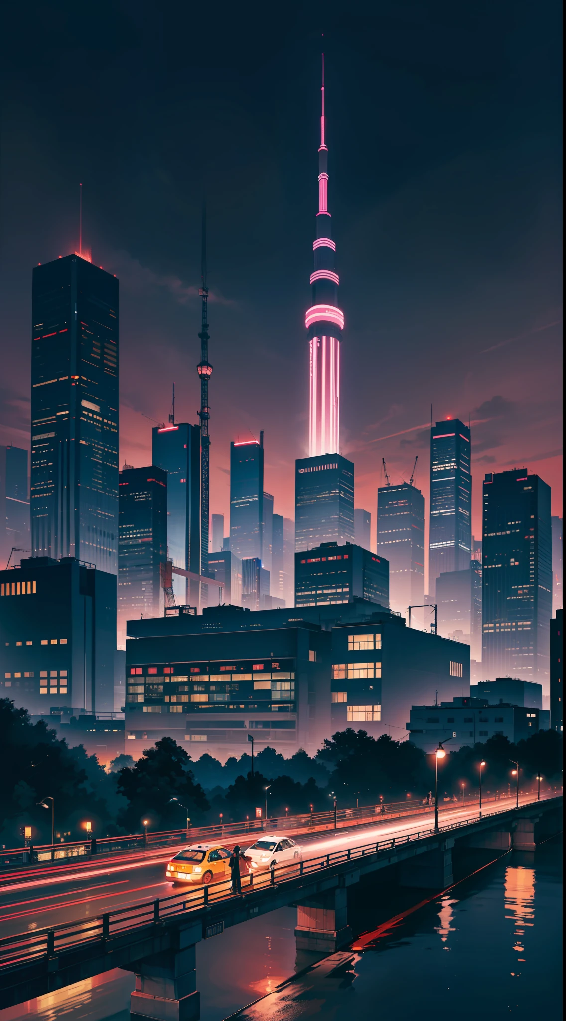 A nightscape inspired by Japanese art, with a modern city filled with colorful lights. The skyscrapers rise in the dark sky, creating a stunning effect. On the street, there are people strolling and cars passing by, creating a hectic atmosphere. The luminous signs stand out in the landscape, creating a neon effect.