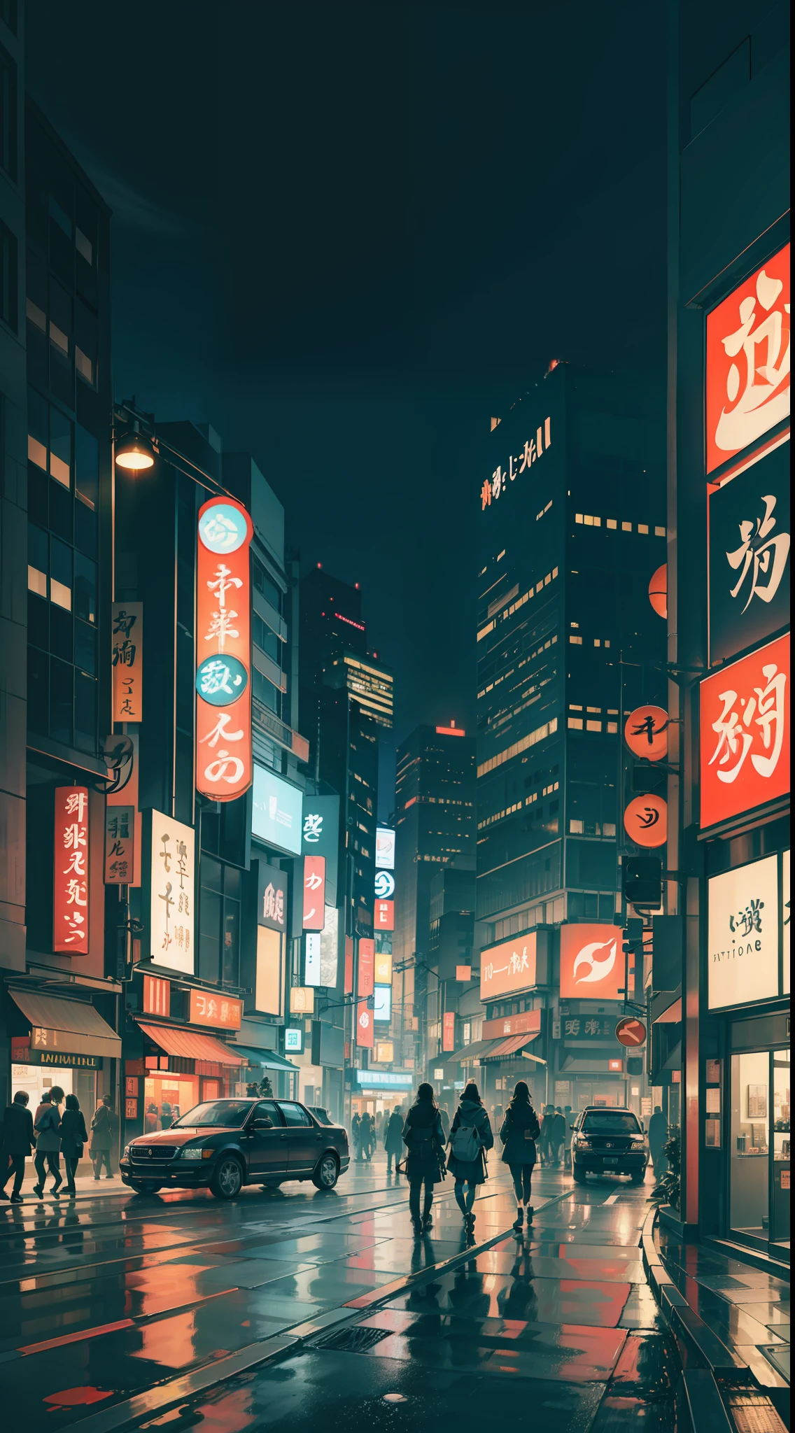 A nightscape inspired by Japanese art, with a modern city filled with colorful lights. The skyscrapers rise in the dark sky, creating a stunning effect. On the street, there are people strolling and cars passing by, creating a hectic atmosphere. The luminous signs stand out in the landscape, creating a neon effect.