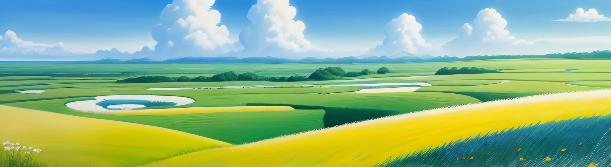 Realistic, authentic, beautiful and amazing landscape oil painting Studio Ghibli Hayao Miyazaki's petal grassland with blue sky and white clouds --v6