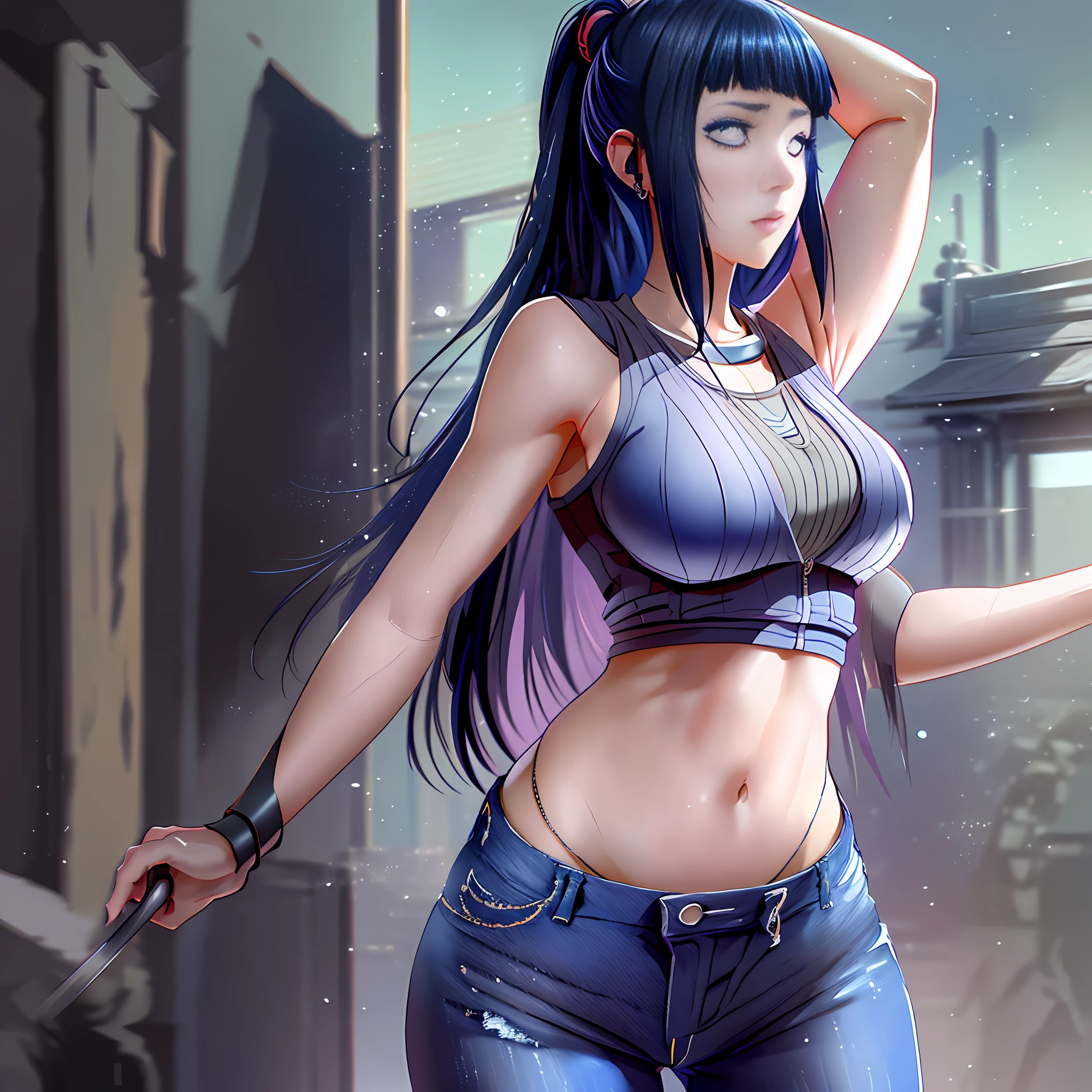 Hinata hyuga , anime style , solo girl , black tank top t-shirt, jacket , blue jeans, full Pant, details fully body views, chest open, details legs, detailed hand, standing, separate legs, angry look, masterpiece, great lighting, beautiful body, Looking At Viewer, Adamsartwork, flat color