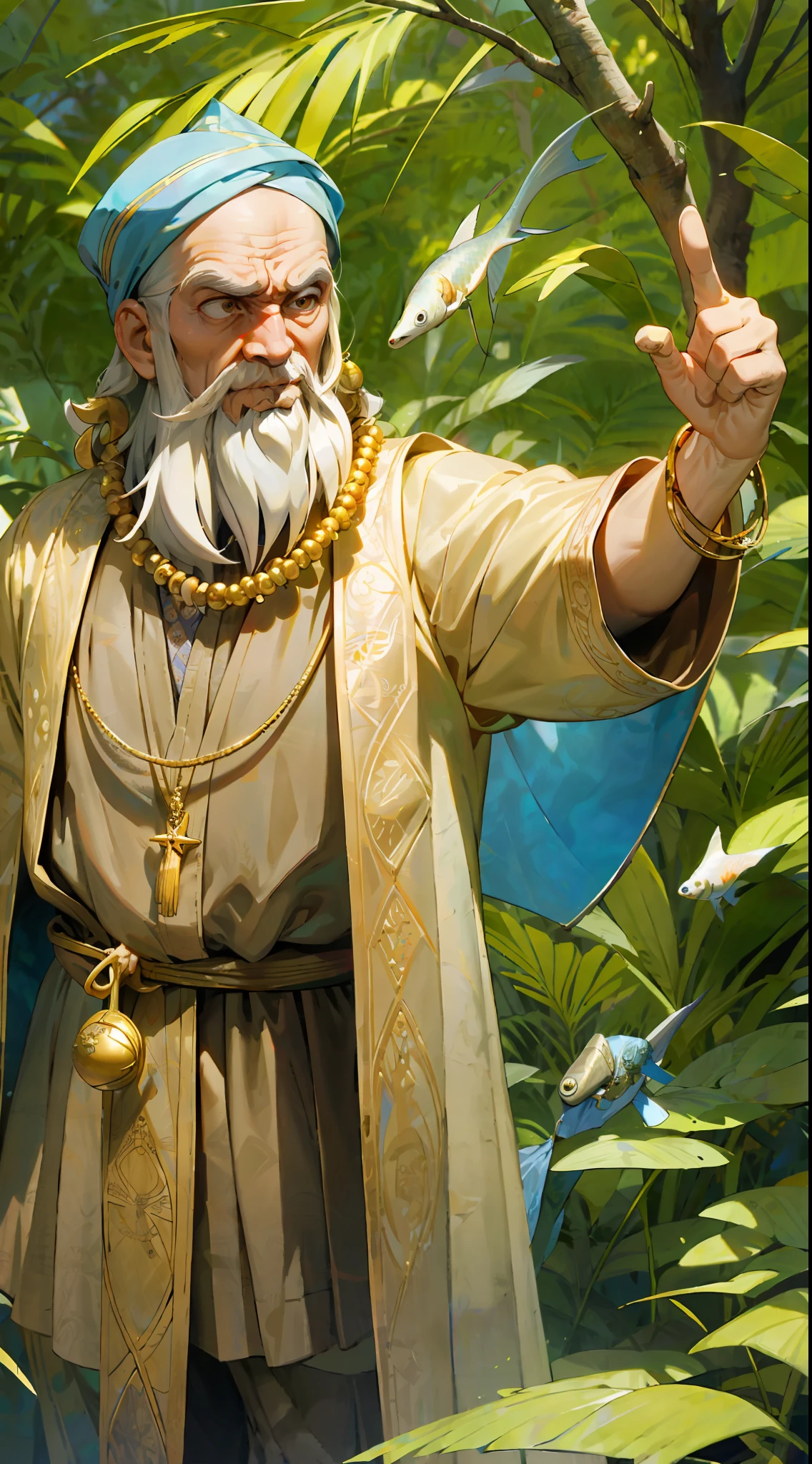 A 70-year-old prophet, with an angry face, pointing with his finger to the sky, clothes of a Jewish prophet, wears a gold necklace with a fish-shaped sculpture, a ring on his left hand with an image of a tree, people listen in fear, Agfa Vista 200 --v 5.1 --v 5